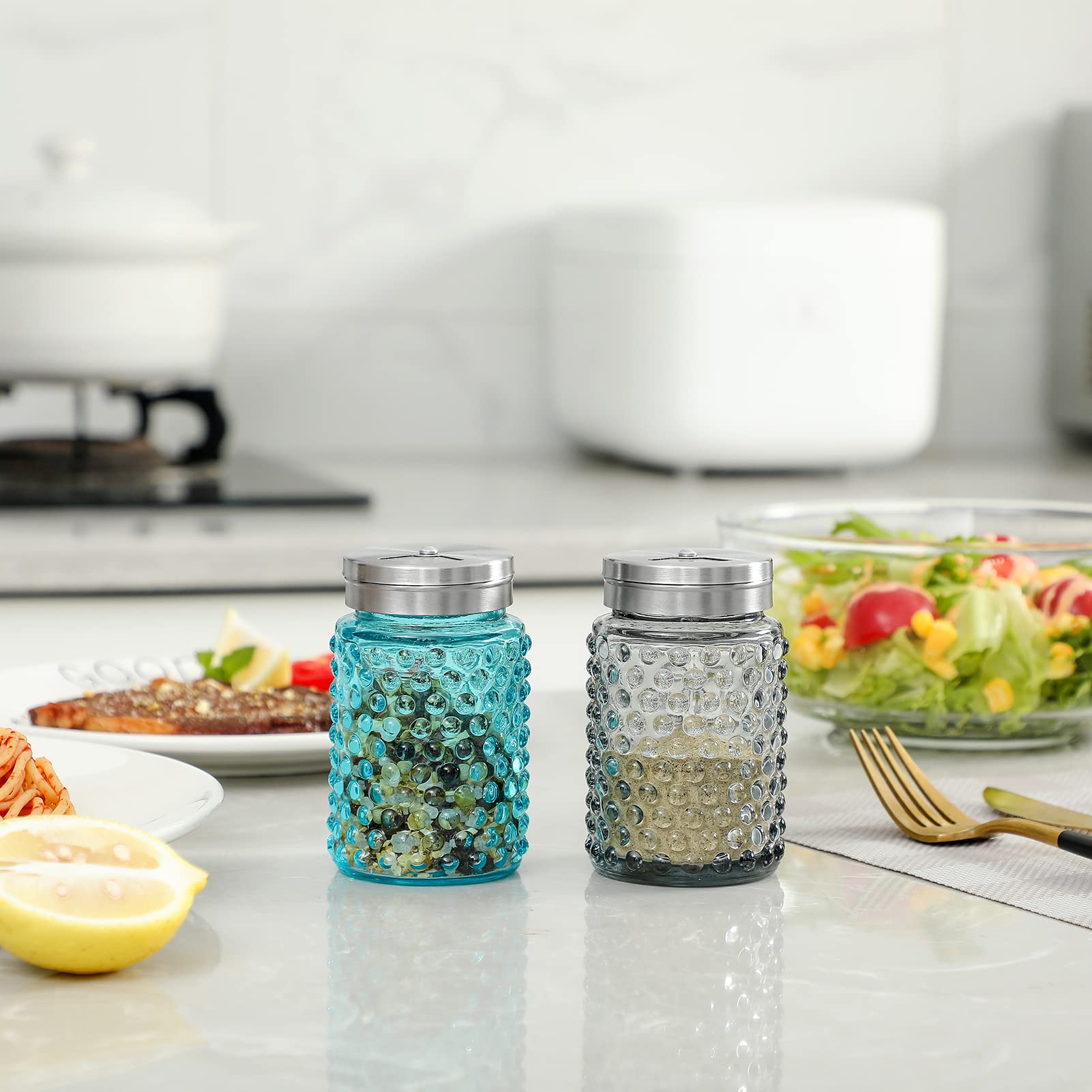 Everest Hobnail Salt And Pepper Shakers Glass Set Of 2, 4.0 Oz With Salt Shaker Adjustable Stainless Steel Lid-Glass Spice Jars,