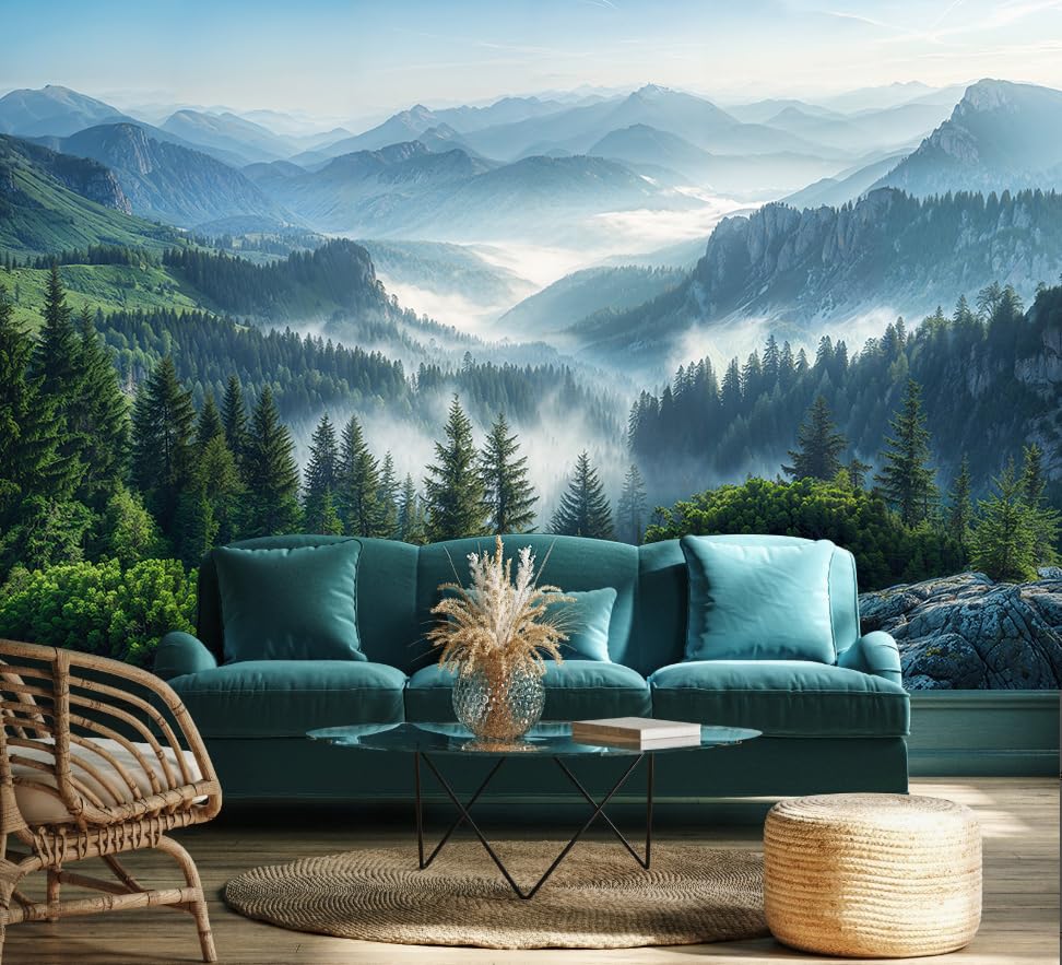 WFBHUA-Misty Pine Forest Wallpaper Peel and Stick Foggy Mountain Scenery Self Adhesive Wall Mural for Living Room 157x108