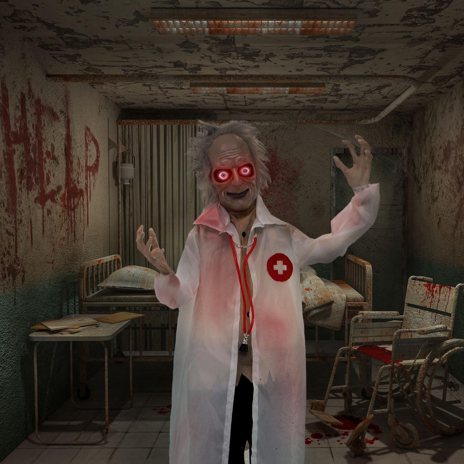 Haunted Hill Farm Life-Size Scary Doctor Animatronic with Touch Activated Lights and Sounds, Battery Operated Indoor or Covered