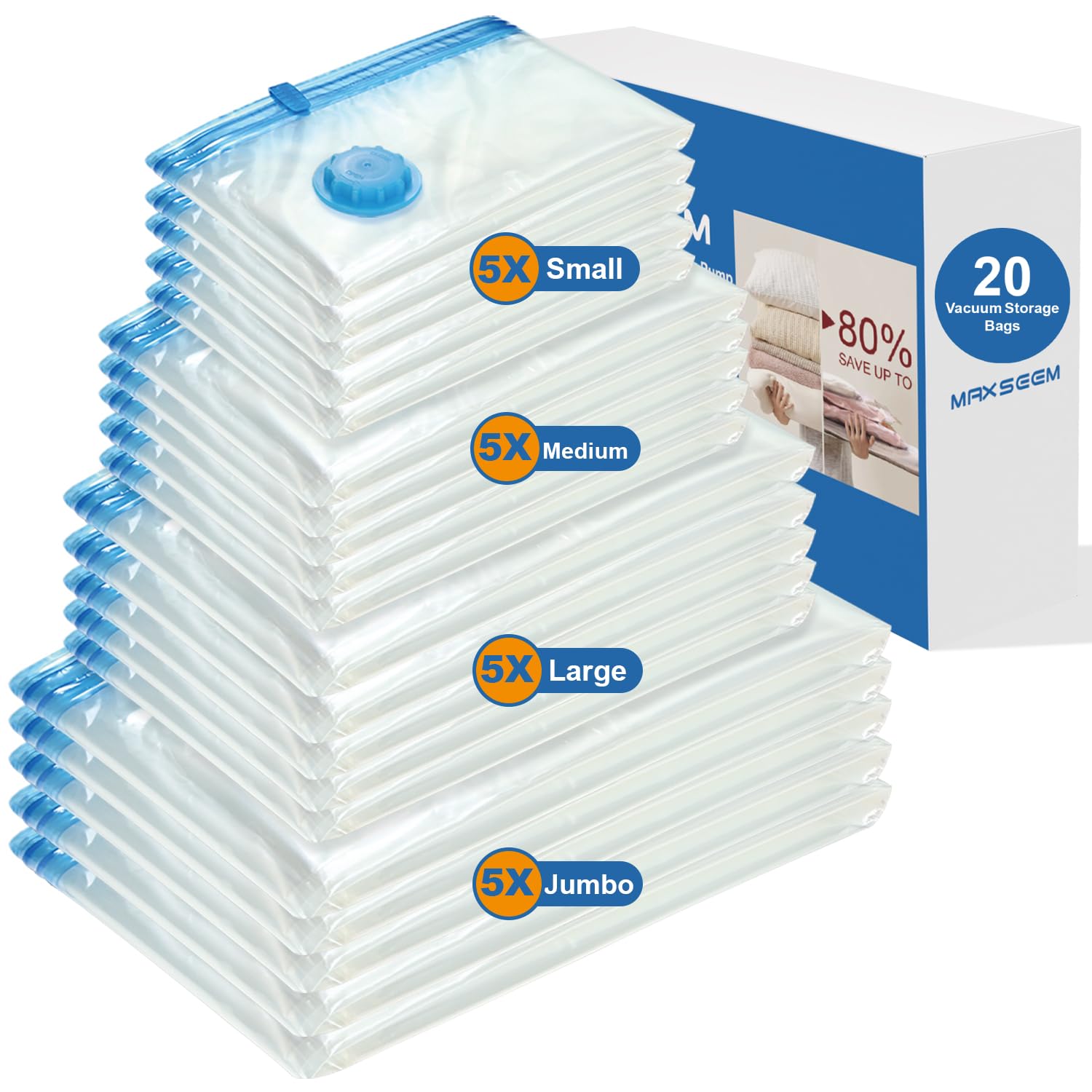 20Pack Vacuum Storage Bags, 5 Jumbo/5 Large/5 Medium/5 Small Vacuum Sealer Bags For Clothes, Compression Storage Bags, Space Sav