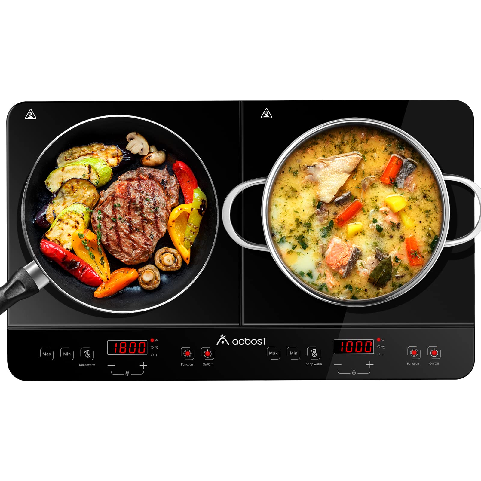 Aobosi Double Induction Cooktop Burner With 240 Mins Timer, 1800W 2 Induction Burner With 10 Temperature 9 Power Settings, Porta