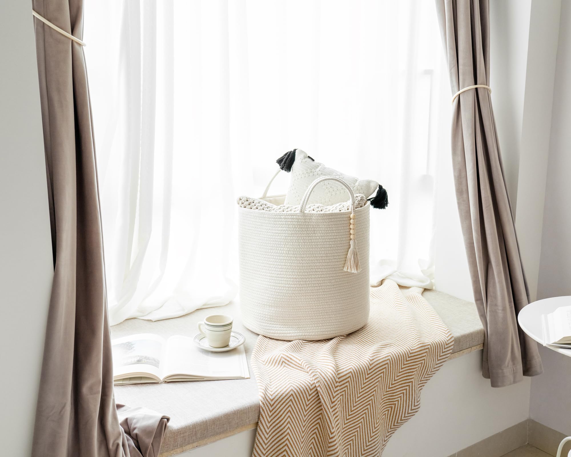 Mkono Tall Laundry Basket Woven Decorative Rope Storage Basket Wooden Bead Decoration For Blankets Toys Clothes Shoes Organizer