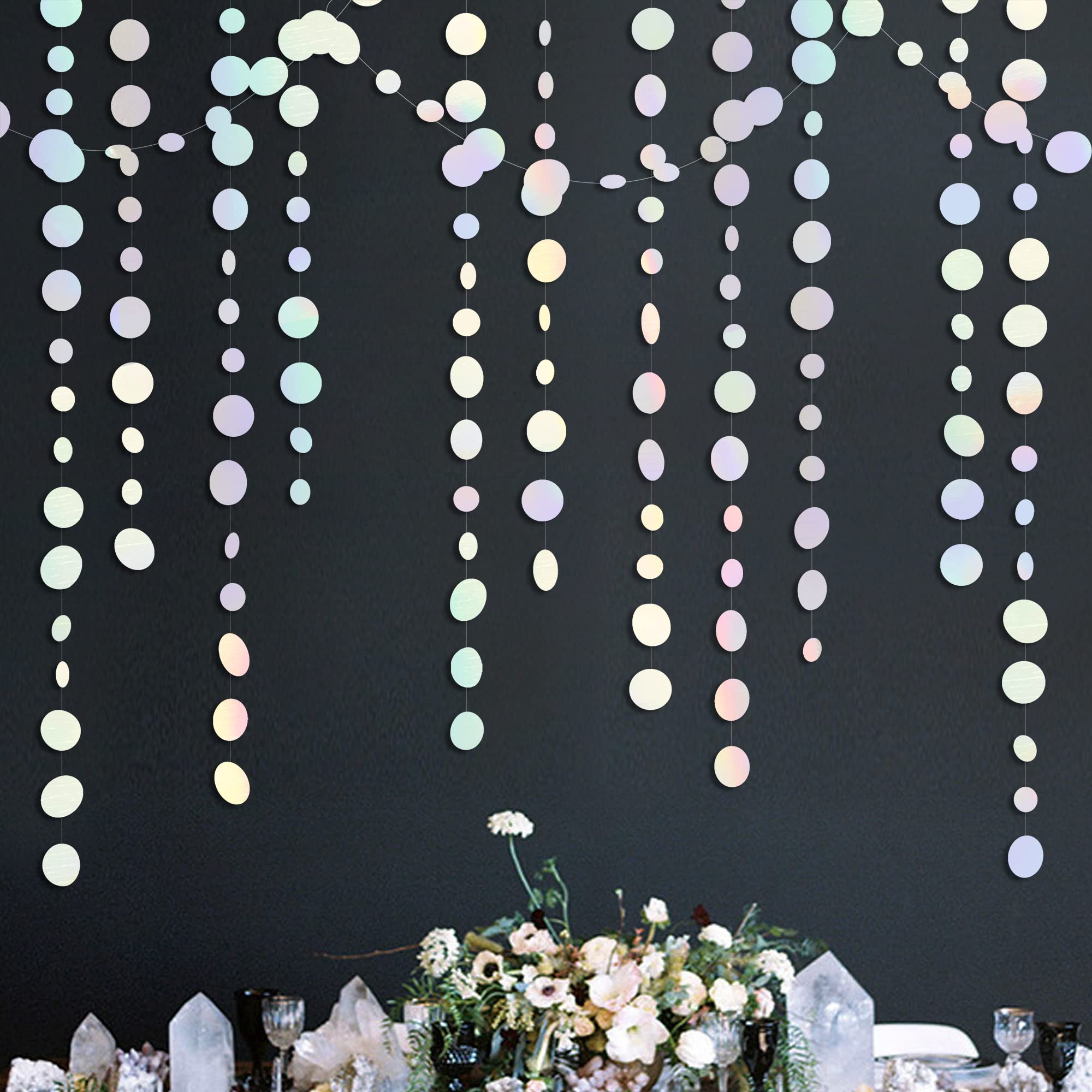 46 Ft White Iridescent Circle Dots Garland Hanging Holographic Polka Dots Streamer For Birthday Bachelorette Engagement Wedding