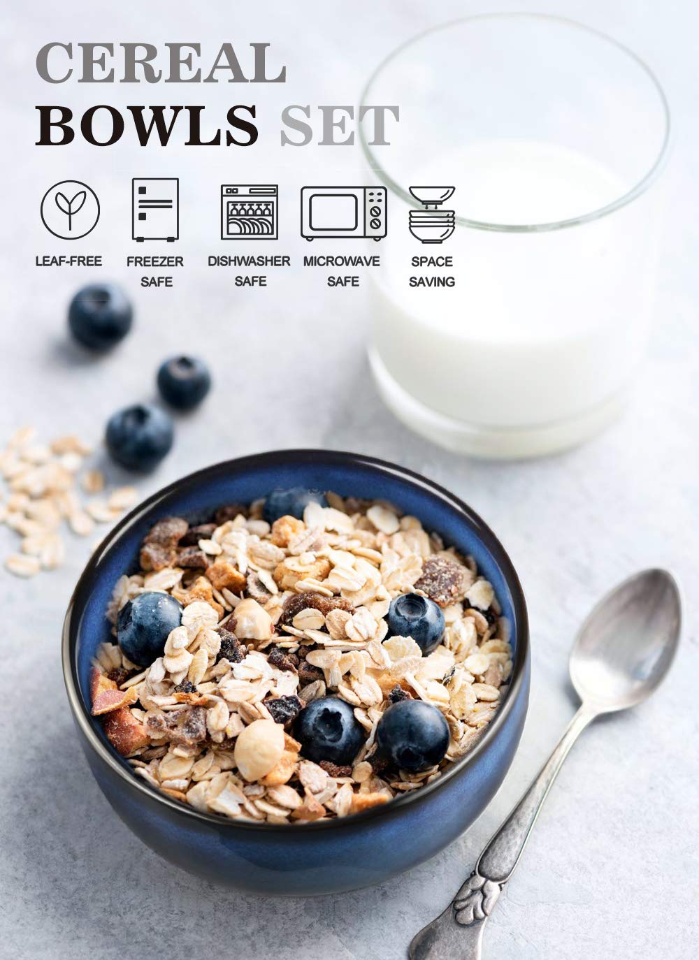 Meky 20 Ounce Porcelain Cereal Bowls Set,Soup Salad Dessert Pasta Fruit Bowls,Set Of 6,Blue 2