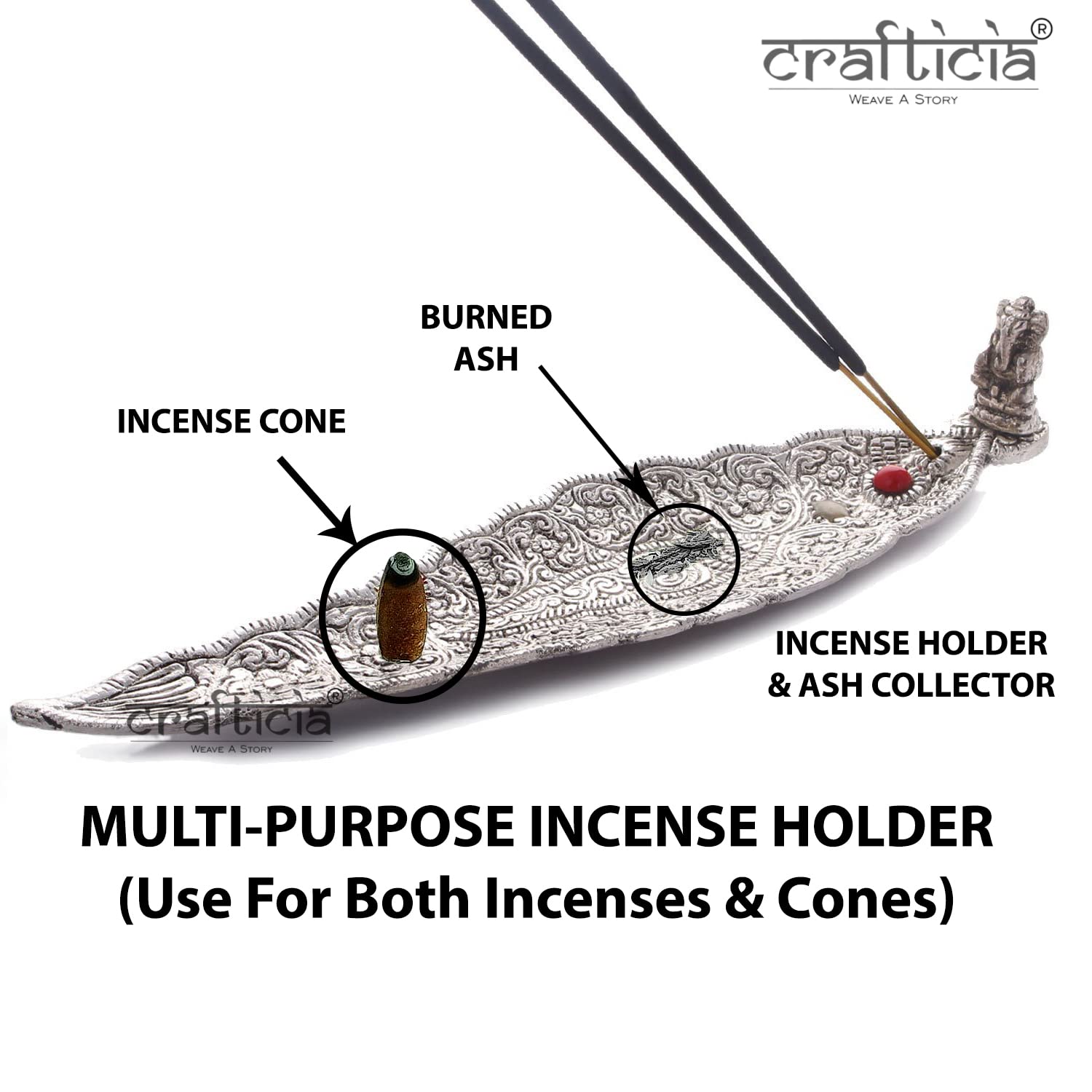 Crafticia Aluminum Incense Holder & Ash Catcher Agarbatti Stand Featuring Ganesh Figurine (9x2 inch) (Silver, 10)