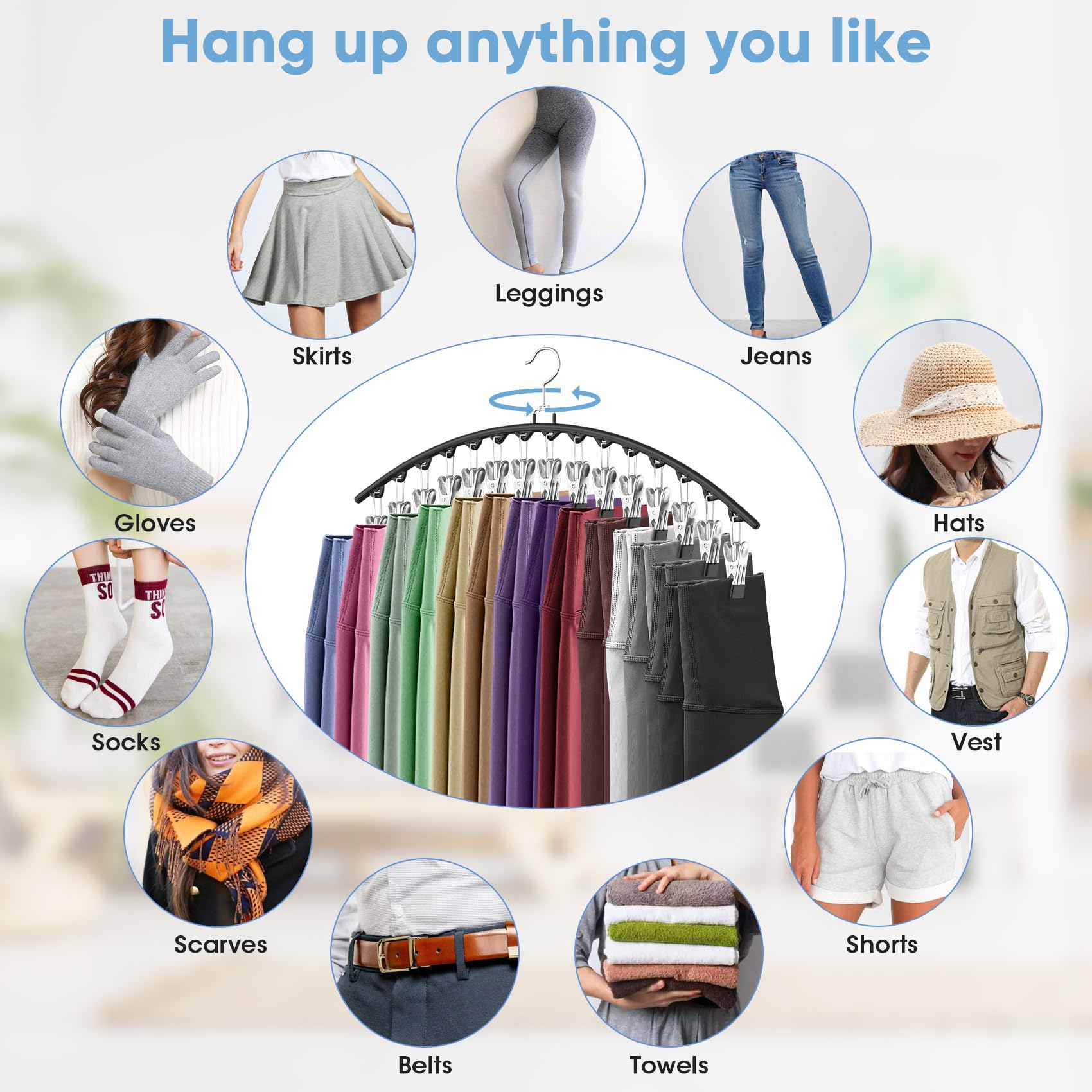 6 Pack Legging Organizer For Closet Hanging, Pants Hangers With 15 Clips Holds 45 Leggings, Shorts, Skirts, Jeans, Hats, Pants H