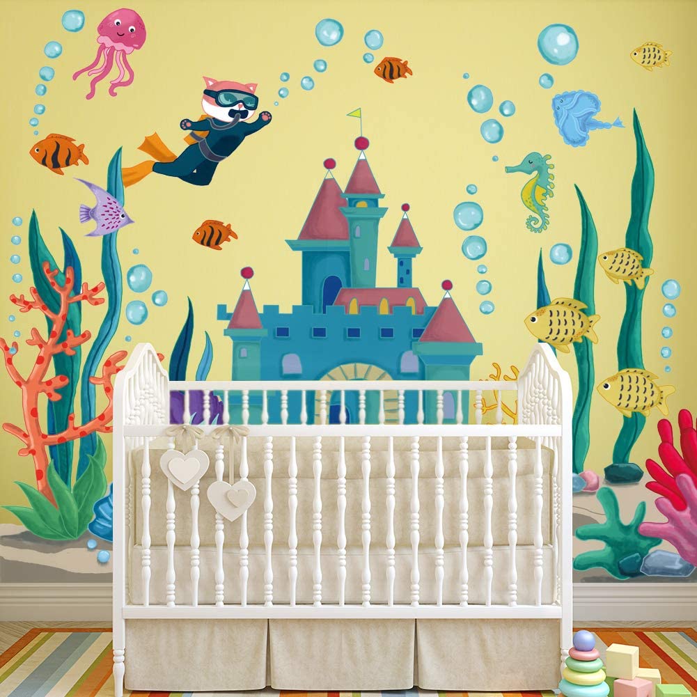 Rainbow Wsk Ocean Fish Wall Decals 3D Under The Sea Castle Wall Stickers Diy Removable Diver Seaweed Corals Jellyfish Bubble Wal