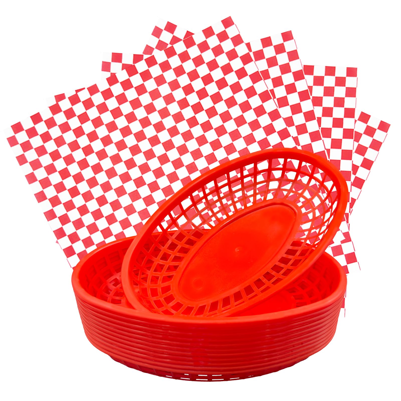 Plastic Food Baskets with Liners, 12 Pack Fast Food Baskets with 120 Sheets Red Checkered Deli Paper Liners, Reusable Burger Bas