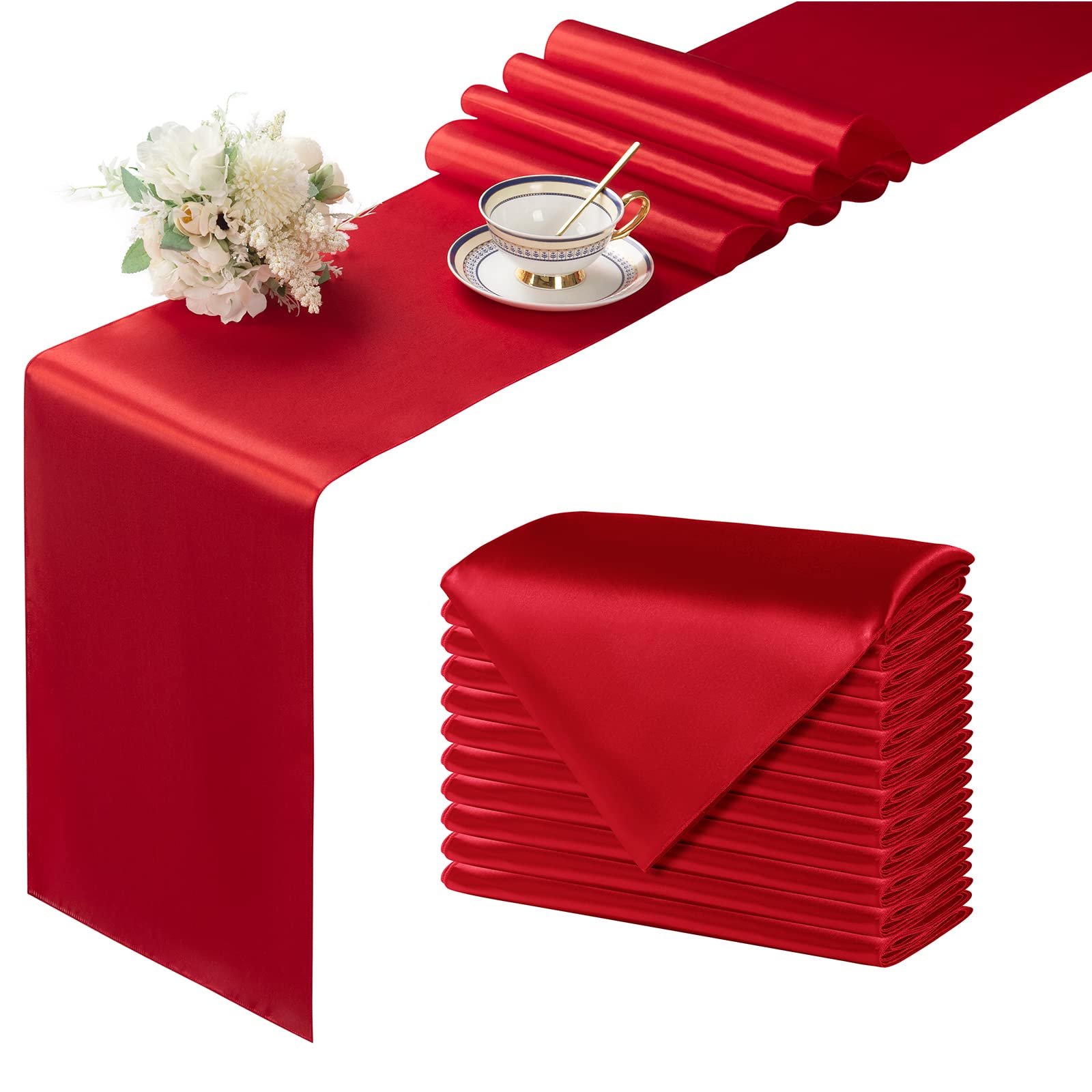 Manyshofu 12Pcs Satin Red Table Runner - 12 X 108 Inch Long Size, Party Table Runner Decor Bright & Smooth Wedding Decorations T