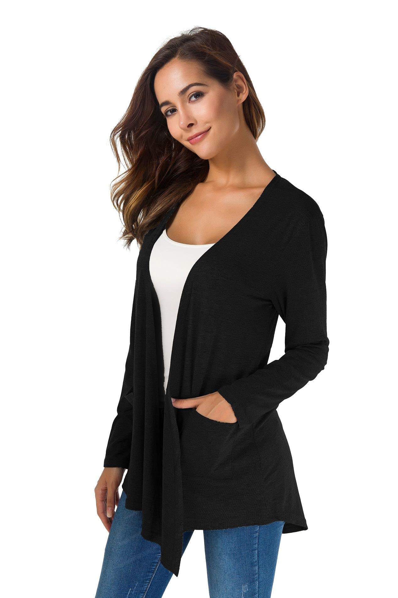 Towncat Cardigans For Women Loose Casual Long Sleeved Open Front Breathable Cardigans With Pocket (Black,M)