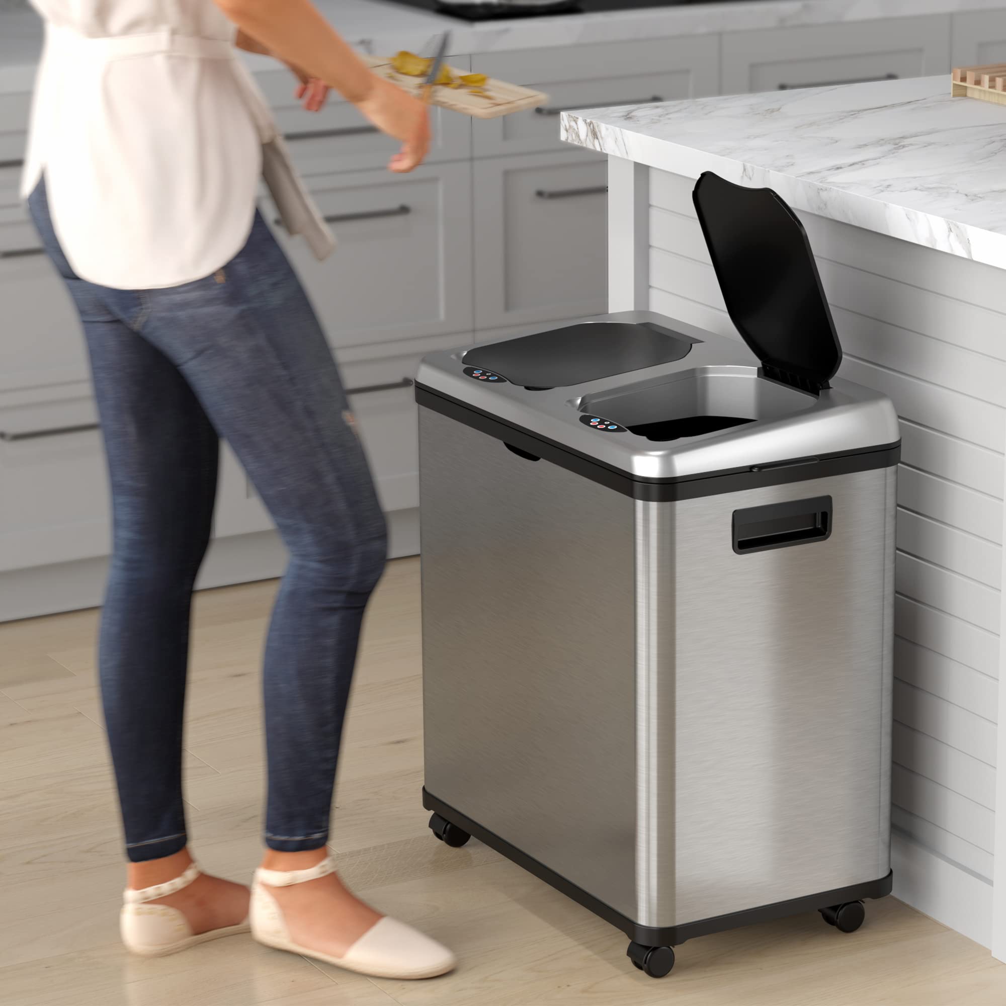 Itouchless 16 Gallon Touchless Sensor Kitchen Trash Can And Recycle Bin With Wheels, 60 Liter Stainless Steel Dual-Compartment (