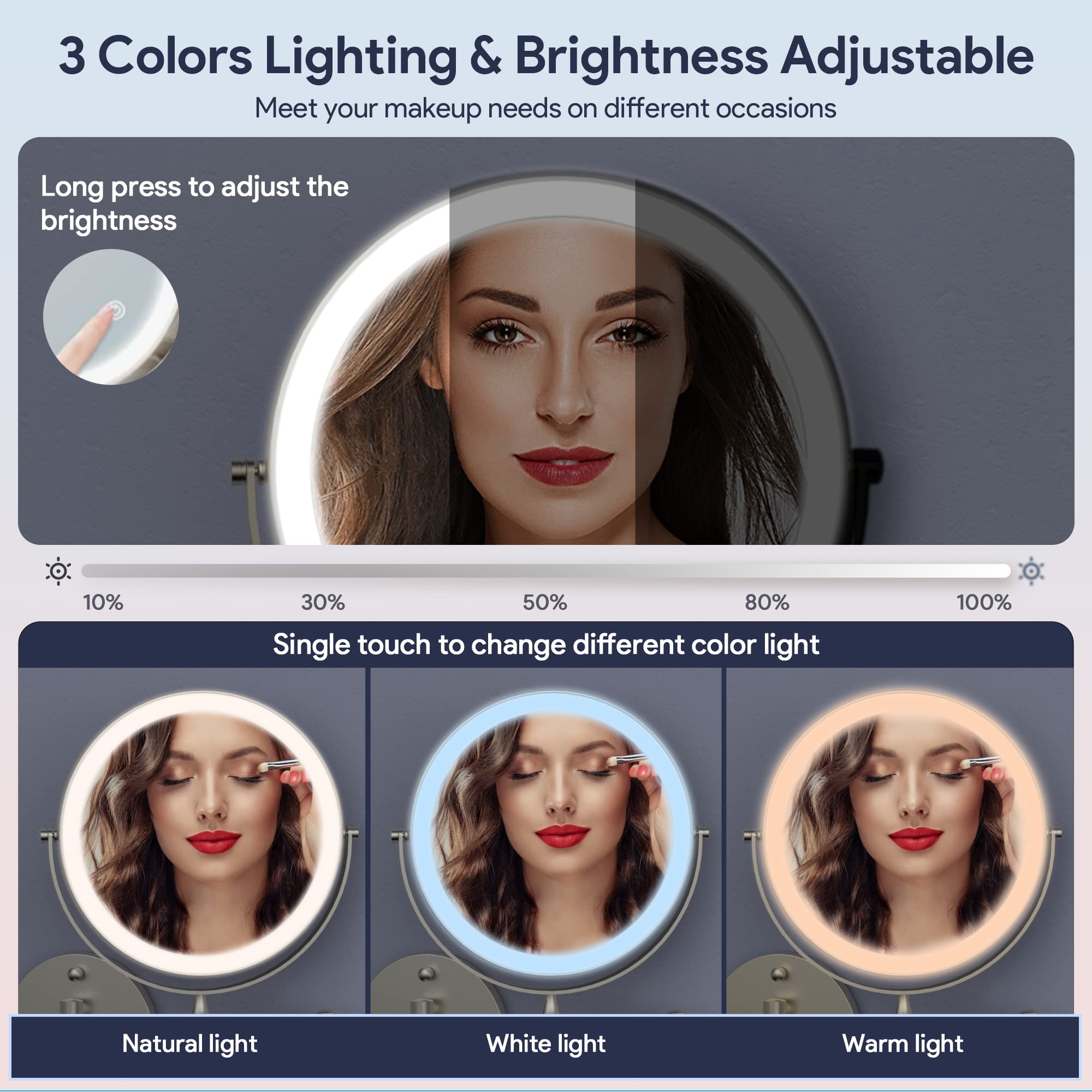 Rocollos Rechargeable Wall Mounted Lighted Makeup Mirror, 8 Inch Double-Sided Led Vanity Mirror 1X/10X Magnification,3 Color Lig