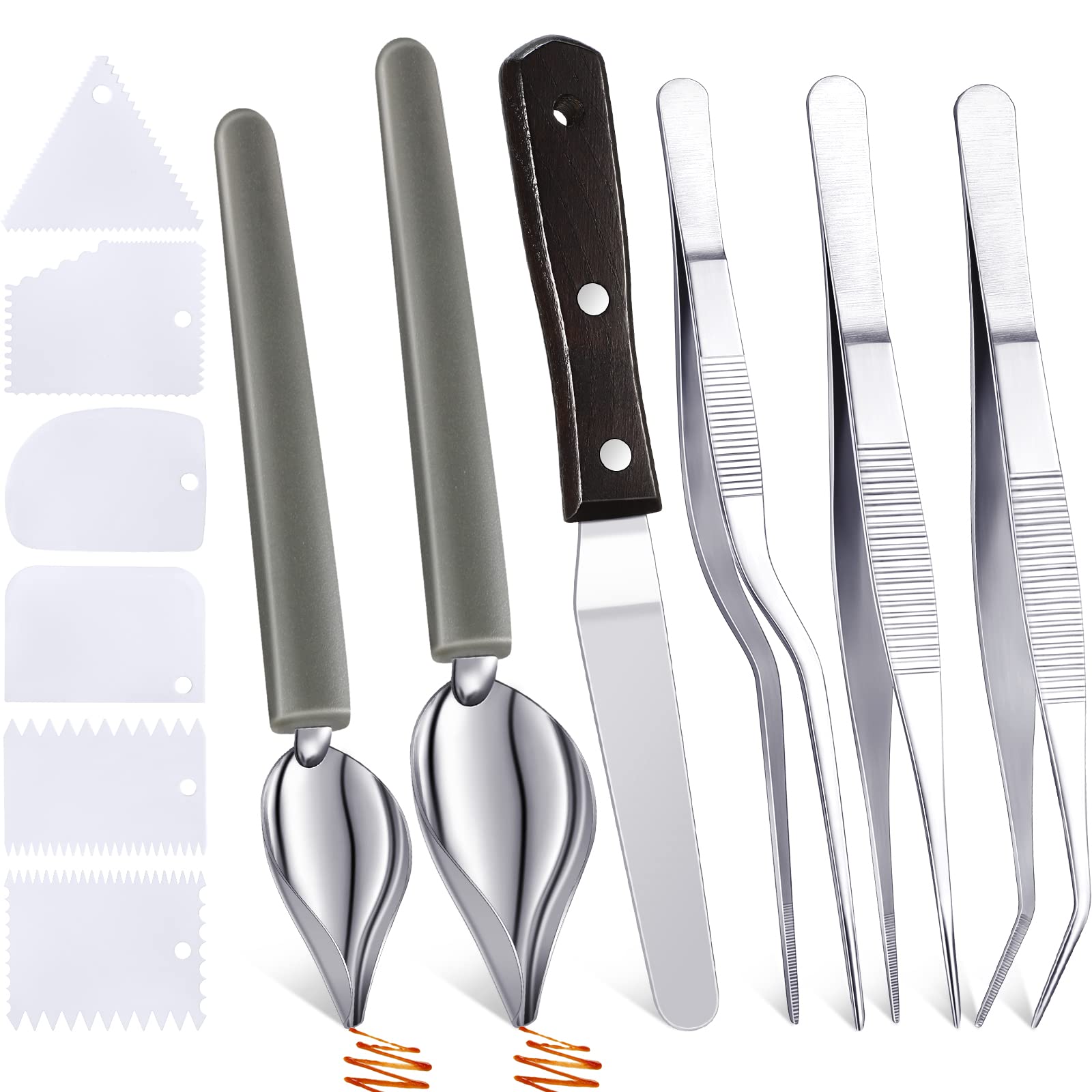 12 Pieces Culinary Precision Drawing Spoons Drizzle Decorating Spoons Stainless Steel Cooking Tweezers Plastic Dough Scrapers Se
