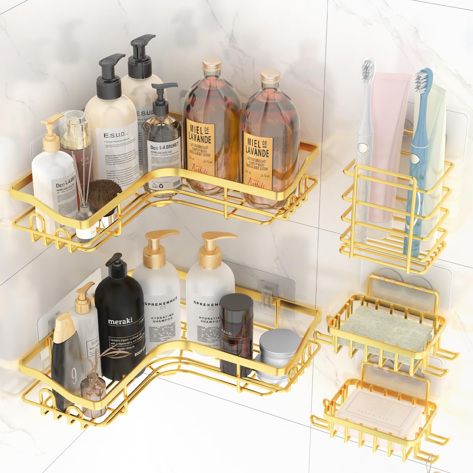 Bathroom Stars Gold Corner Adhesive Shower Caddy,Rustproof Stainless Steel Corner Shower Shelves For Bathroom Kitchen, No Drilli