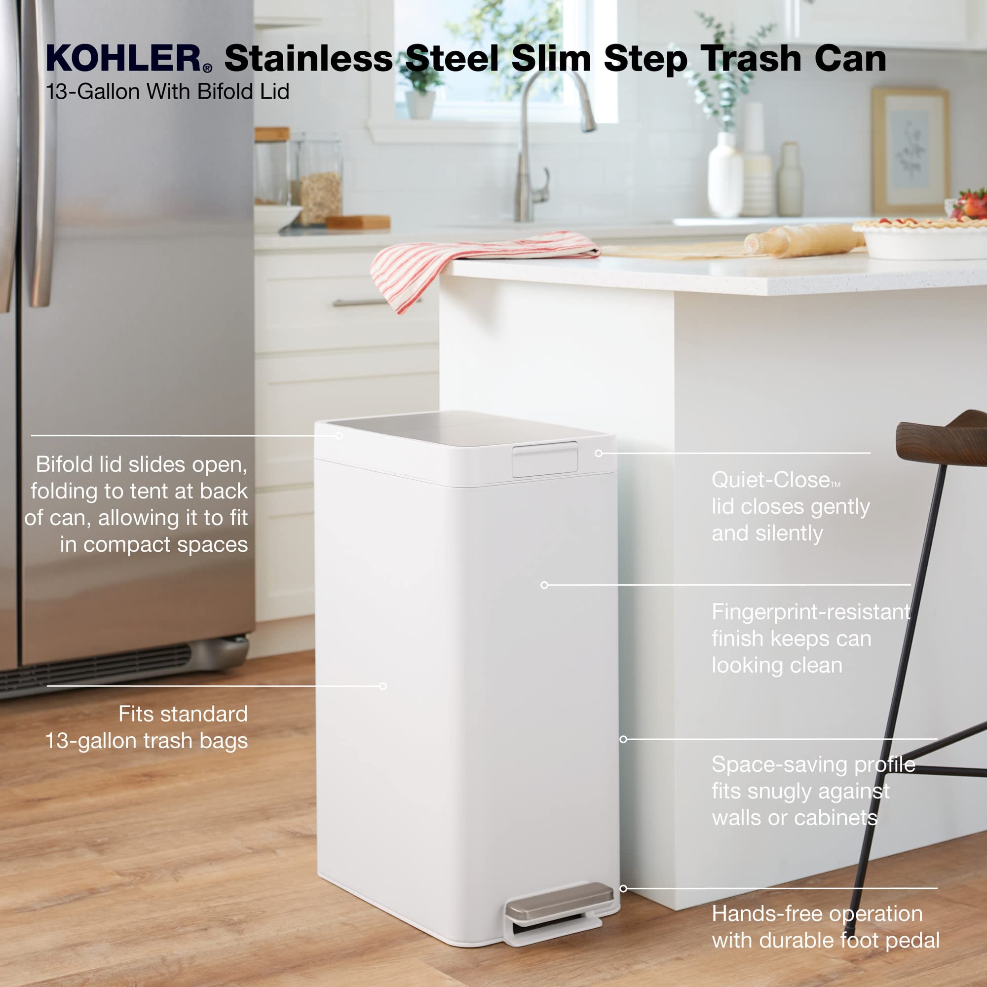 Kohler 23826-Stw 13 Gallon Elongated Kitchen Step Trash Can With Foot Pedal, Soft Close Lid, White Stainless Steel