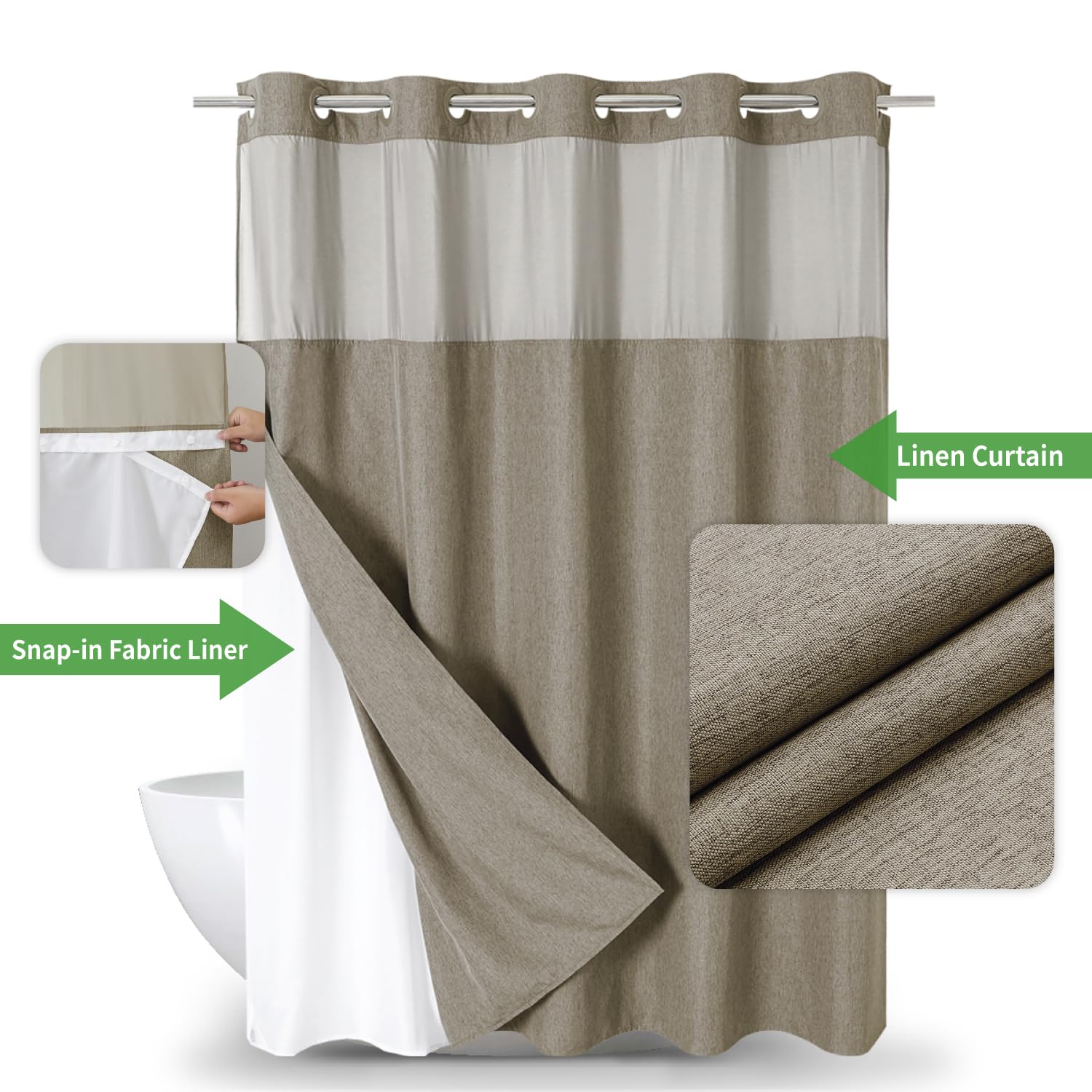 Eachope Extra Long No Hooks Needed Linen Textured Shower Curtain With Snap-In Fabric Liner Set,Hotel Luxury Decor Shower Curtain