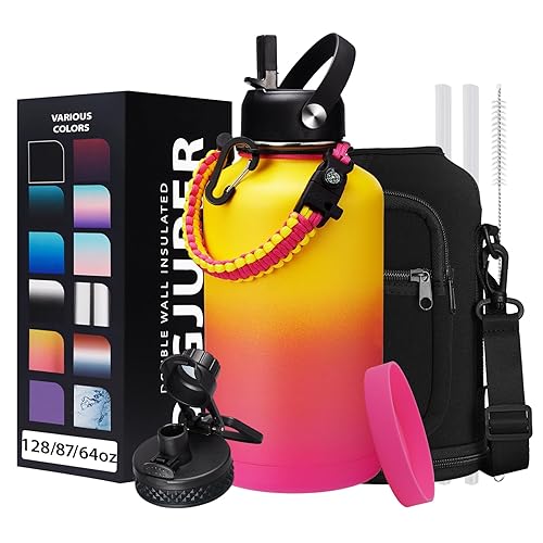 64oz Water Bottle Stainless Steel - with Paracord Handle  Straw & Auto Spout Lids  Shoulder Carrier Bag & Insulated Bottle Protective Boot  Sweat-Proof Half Gallon Metal Insulated Flask Wide-mouth