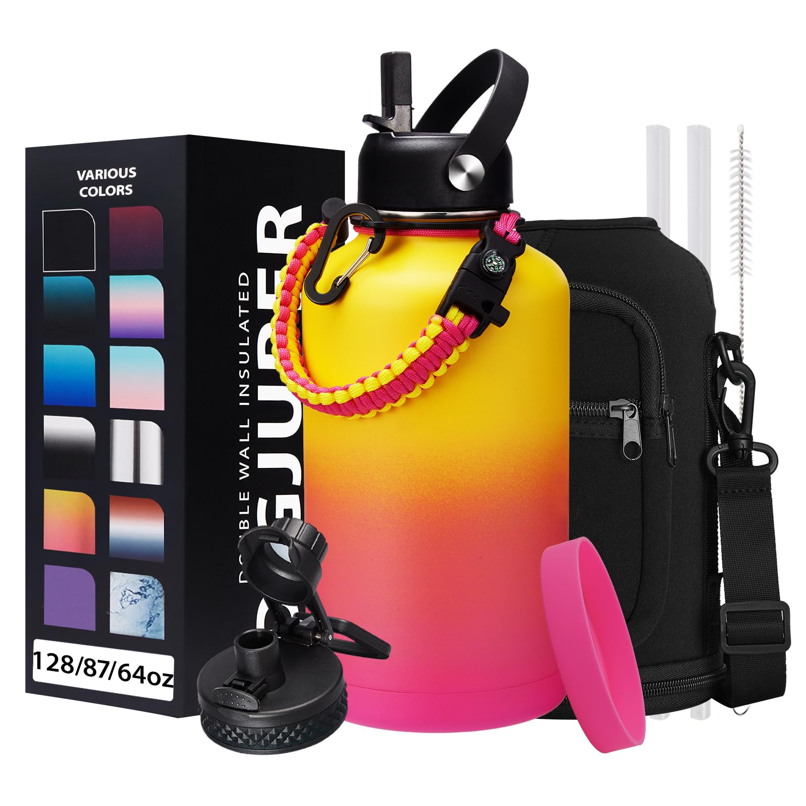 64Oz Water Bottle Stainless Steel - With Paracord Handle, Straw & Auto Spout Lids, Shoulder Carrier Bag & Insulated Bottle Prote