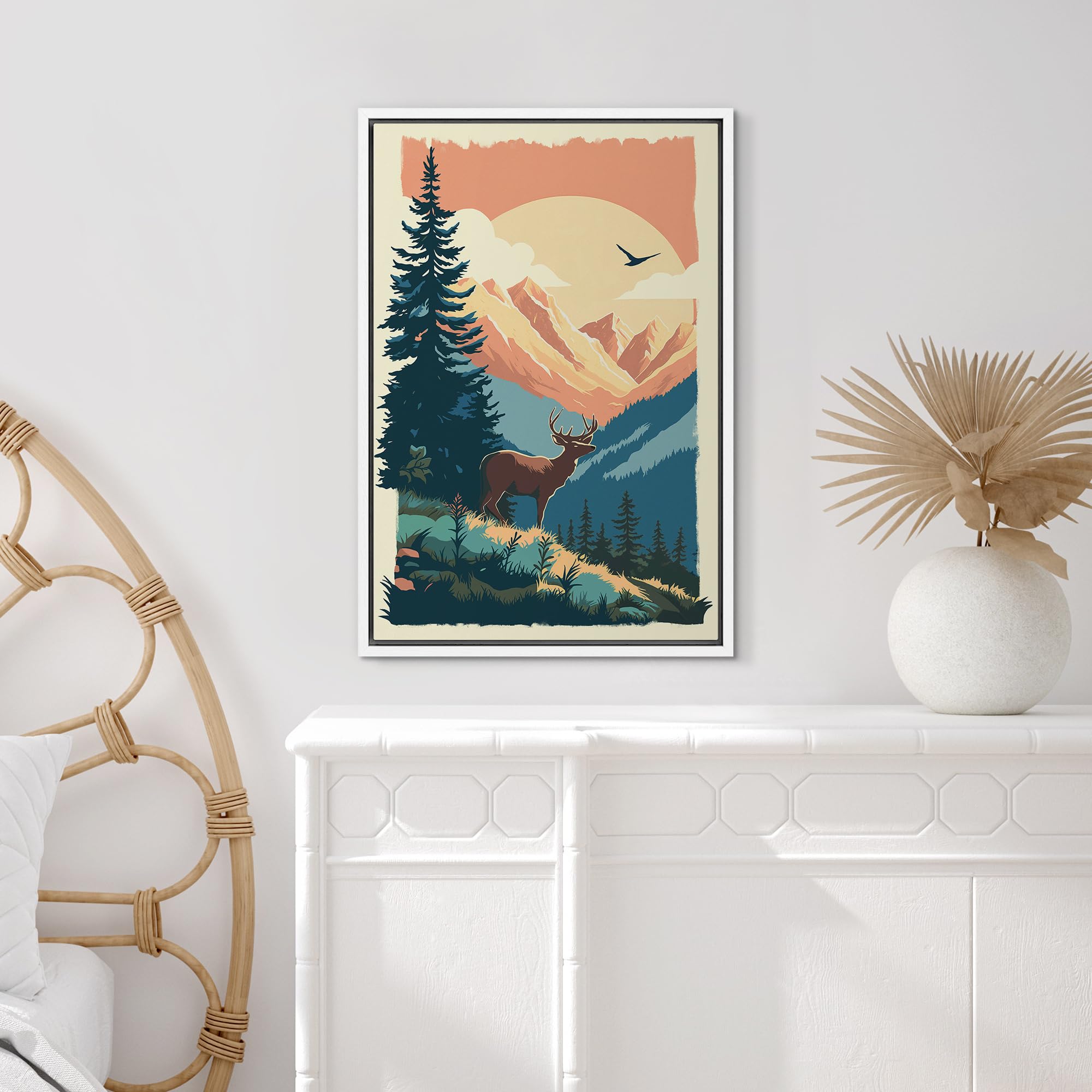 Signford Framed Canvas Print Wall Art Deer Green Pine Tree Forest Nature Wilderness Illustrations Modern Art Decorative Rustic R