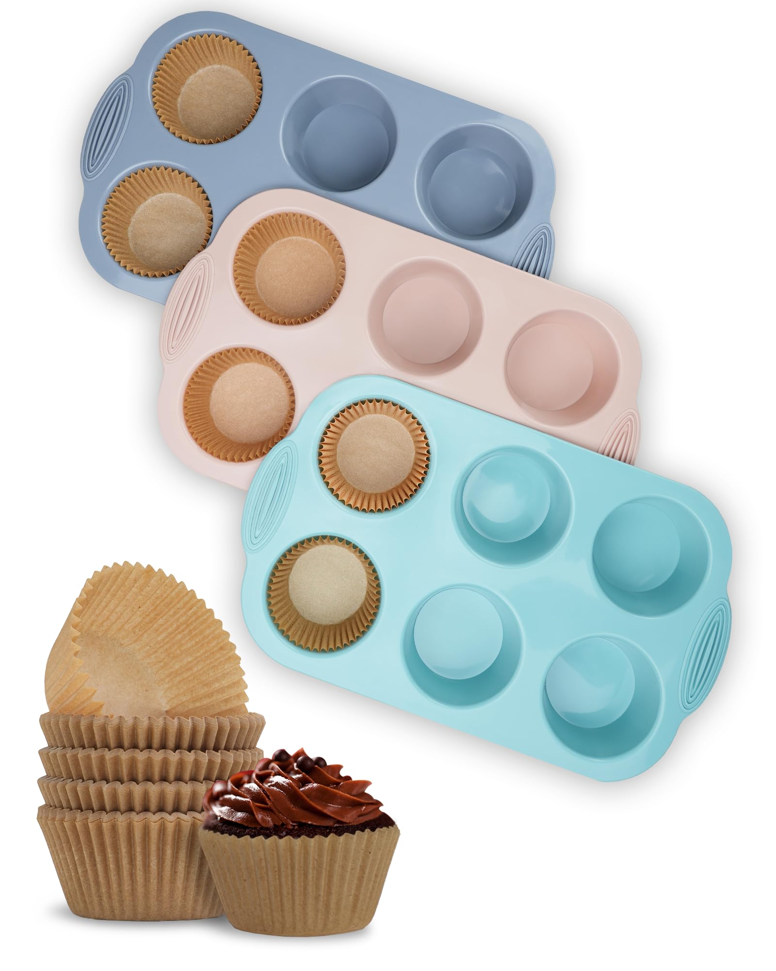 Bake Choice Silicon Muffin Pan-3-Pack Includes 100 Natural Cupcake Liners, 6-Cavity Regular Size, Bpa Free, Egg Bite & Muffin Mo