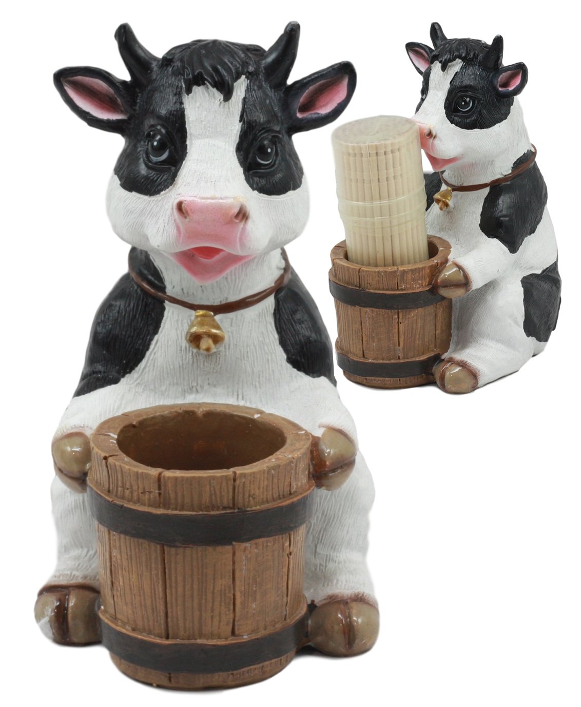 Ebros Country Farm Bovine Cow With Bell Collar Holding A Wooden Barrel Decorative Toothpick Holder Statue With Toothpicks 4''Tal
