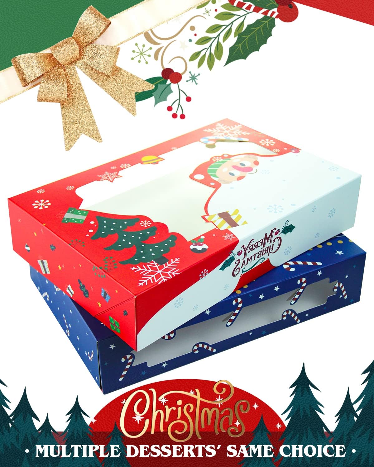 qiqee Christmas Cookie Boxes for Gift Giving 8x5.3x2 inch 24Packs Christmas Bakery Box with Window Treat Box for Donuts Candies