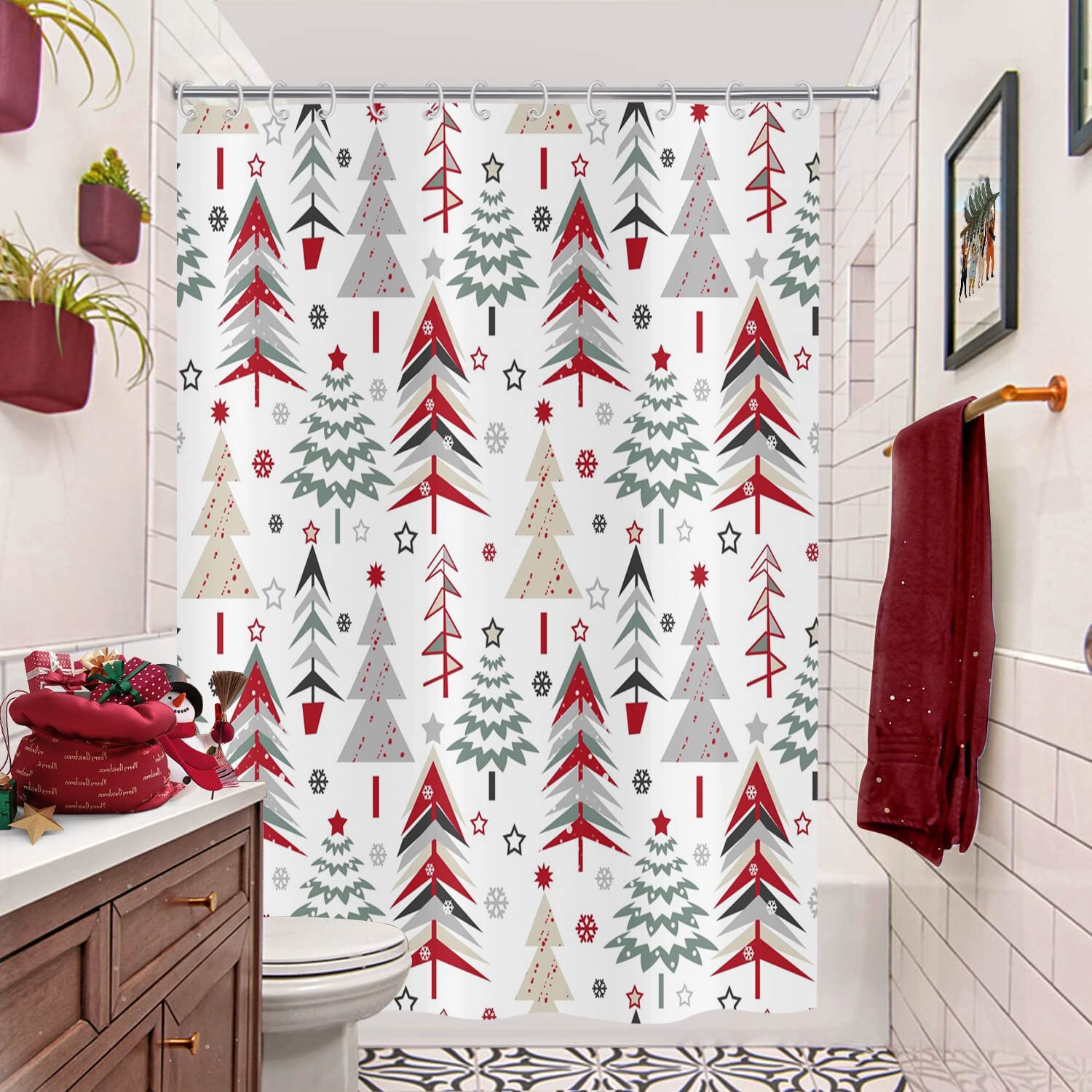 Gcirec Merry Christmas Shower Curtain, Christmas Tree Red Stars Snow Snowflake New Year Winter Bathroom Curtain Waterproof Fabri
