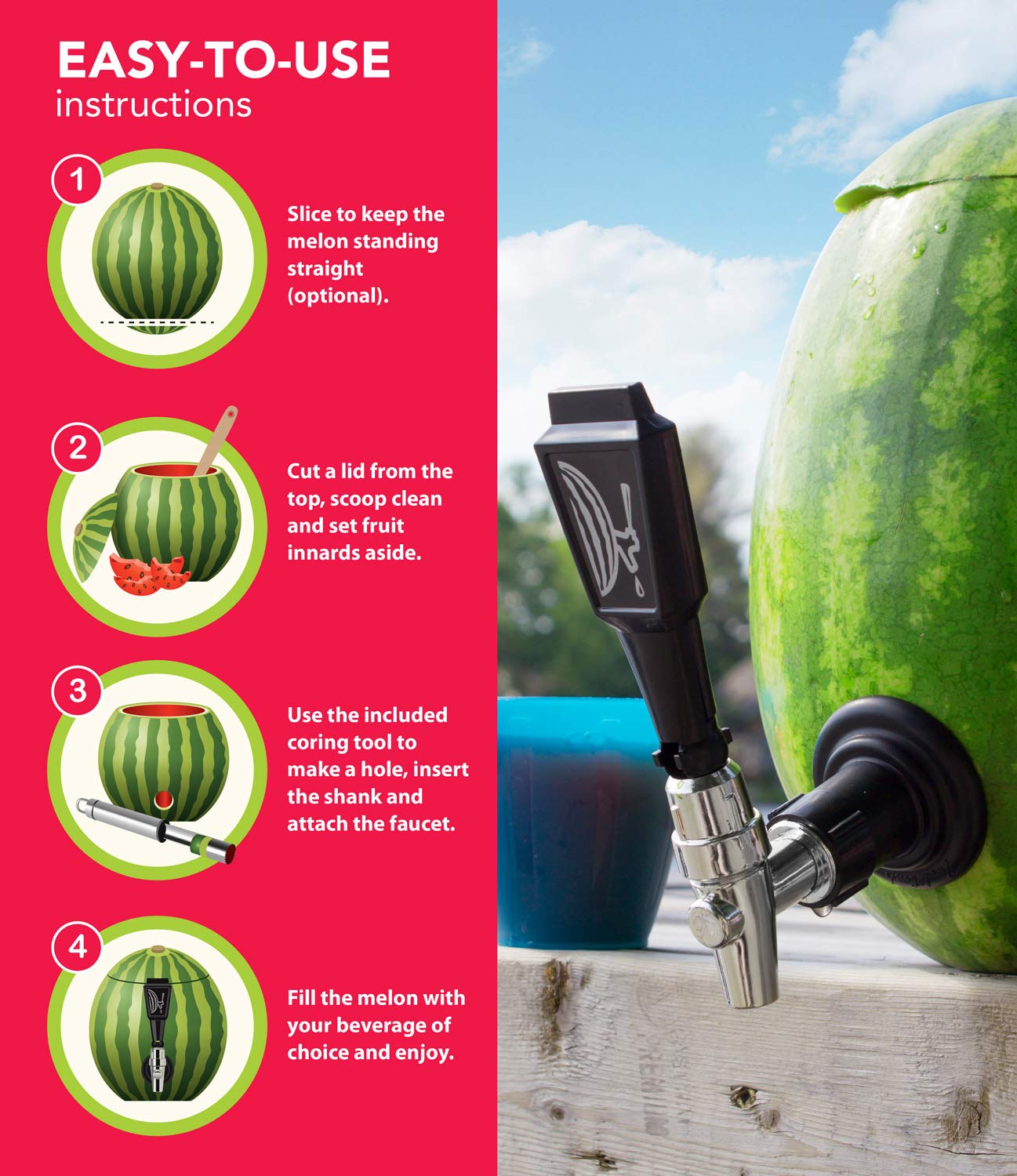 Final Touch Watermelon Keg Tapping Kit - Turn Watermelons & Pumpkins Into Drink Dispensers With Shank, Faucet, Coring Tool, And