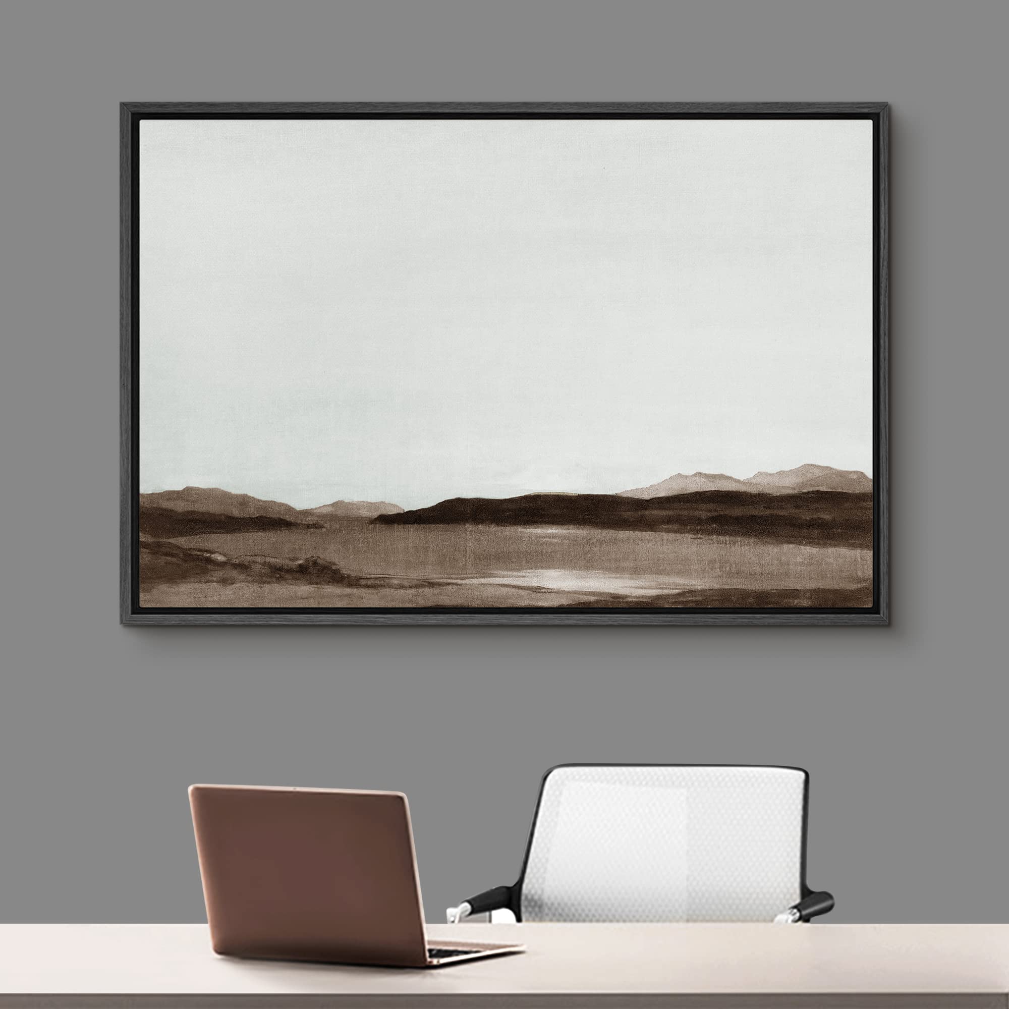 Signford Framed Canvas Wall Art Monochromatic Brown Mountains And Valleys Landscape Wilderness Oil Painting Impressionism Tradit