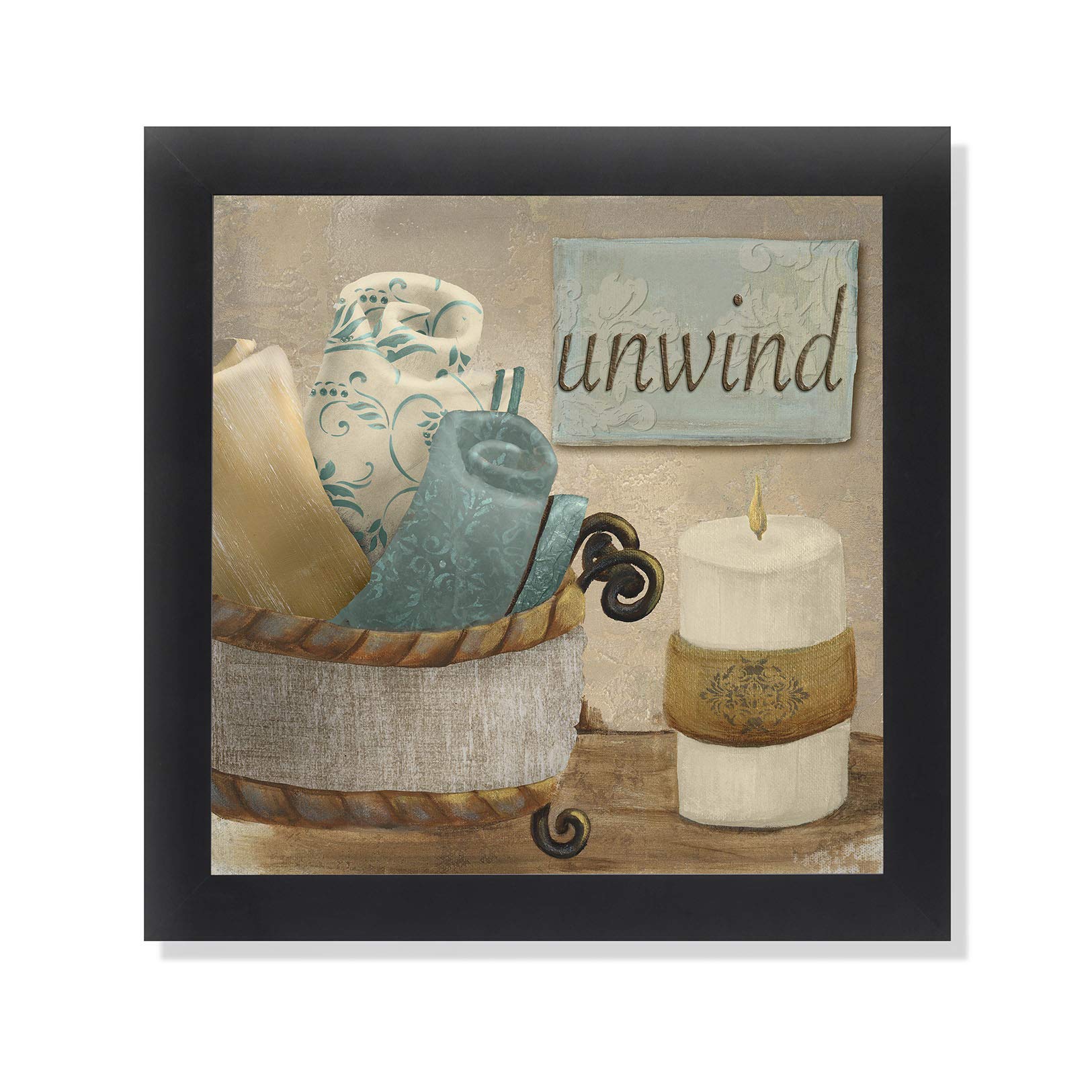 Unwind Spa Bathroom Basket Of Blue/Gold Towels And Calming Candle Black Framed Art Print With Real Glass 12X12