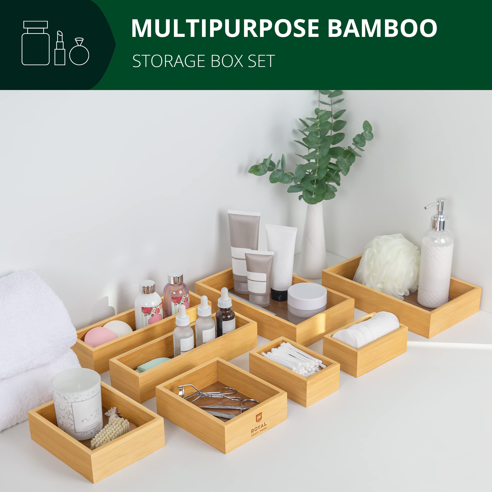 Royal Craft Wood Luxury Bamboo Storage Box, Bin Set - Multi-Use Drawer Organizer For Kitchen, Bathroom, Office Desk, Makeup, Jew