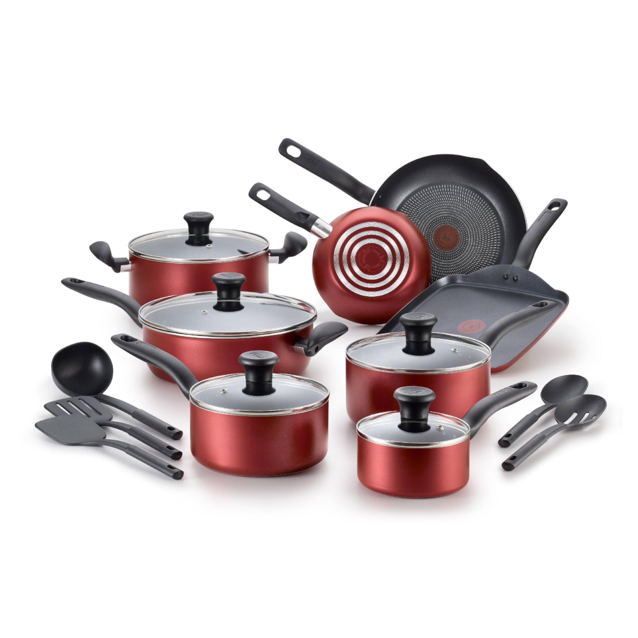 Tfal Initiatives Nonstick Cookware Set 18 Piece, Oven Broiler Safe 350F, Kitchen Cooking Set w/ Fry Pans, Saucepans, Saute Pan,
