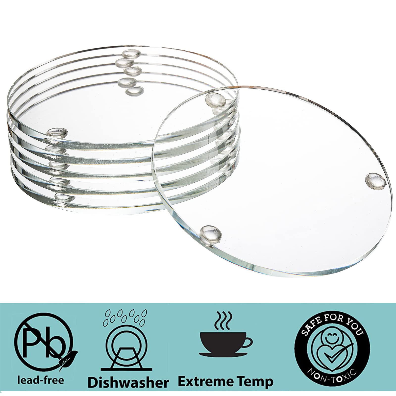 Youeon Set Of 6 Round Glass Drink Coasters, 3.5 Inch Crystal Coasters Decorative Glass Plates Clear Glass Coasters For Mugs, Cup