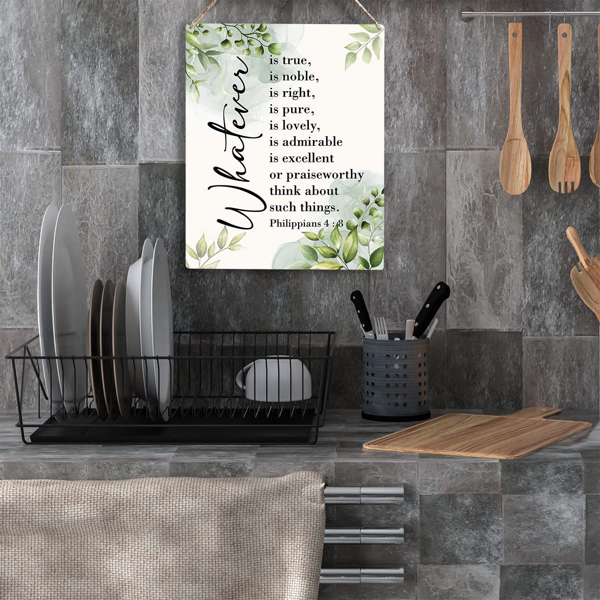 YCYD Christian Inspirational Wall Art Whatever Is True Noble Right Philippians 4:8 Wooden Hanging Sign Christian Bible Verse Wal
