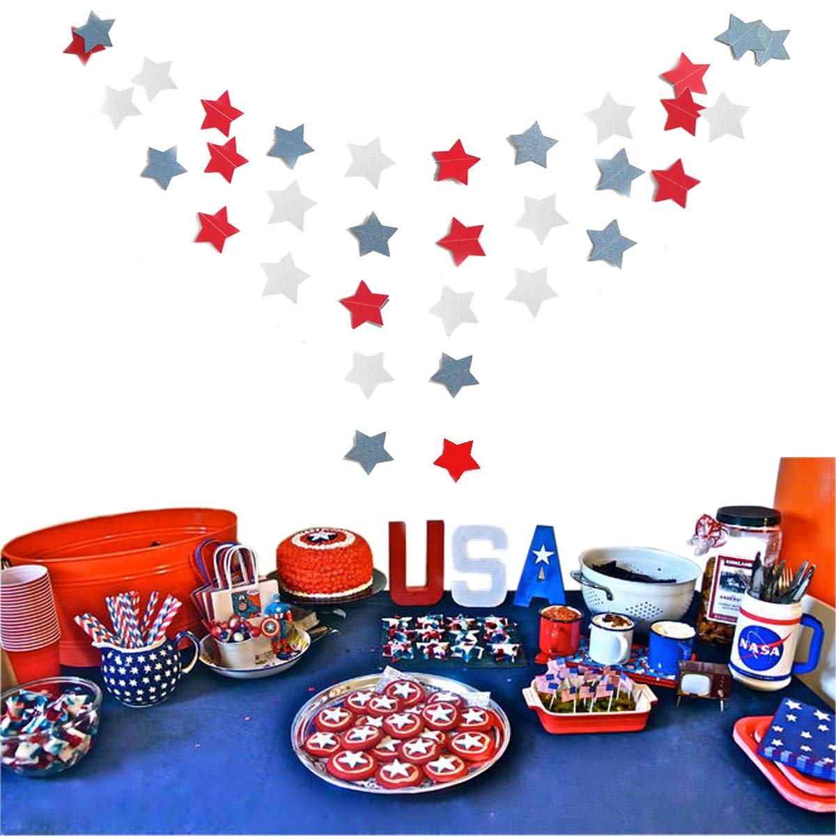 6 Pack Patriotic Star Streamers Garland Red White Blue Bunting Banner Paper Hanging Decorations for 4th of July American Indepen
