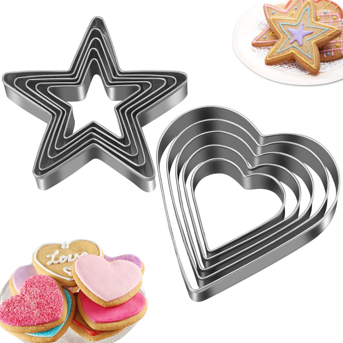 Xueerde 10Pcs Cookie Cutters Set Stainless Steel Biscuit Cutter Love Heart Shape And Star Shape Baking Vegetable Donuts Shape Cu