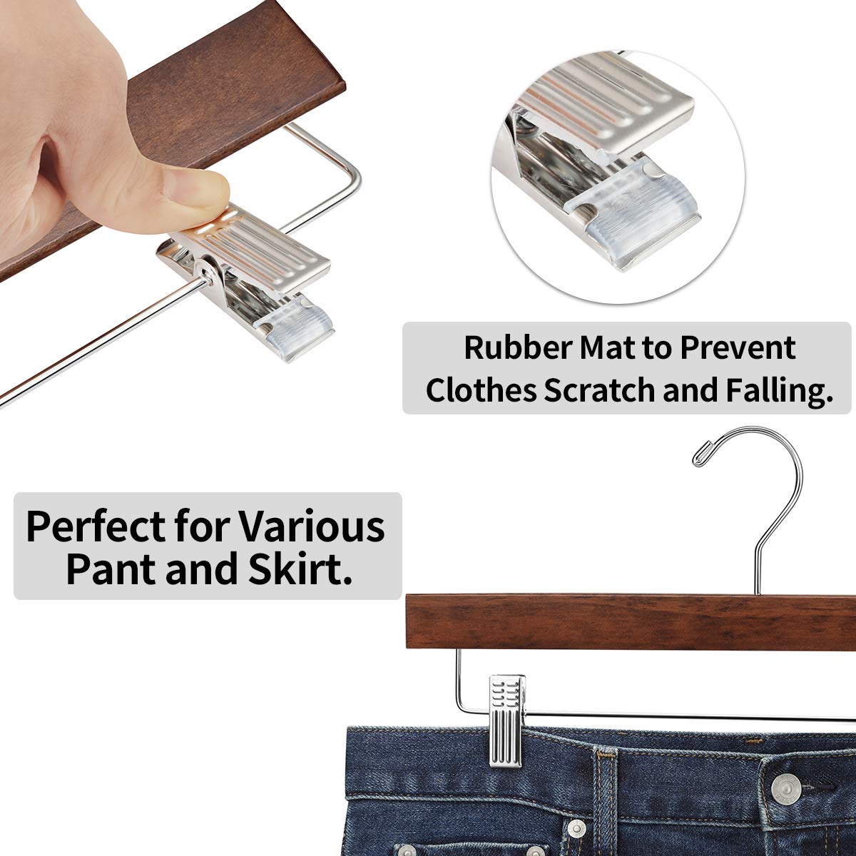 AMKUFO 20pcs Wooden Pants Hangers Solid Pants Hangers with Adjustable Clips 14 Inch Walnut Wood Skirt Hangers Trousers Bottom Hangers with Non-Slip Clips and 360? Swivel Hook