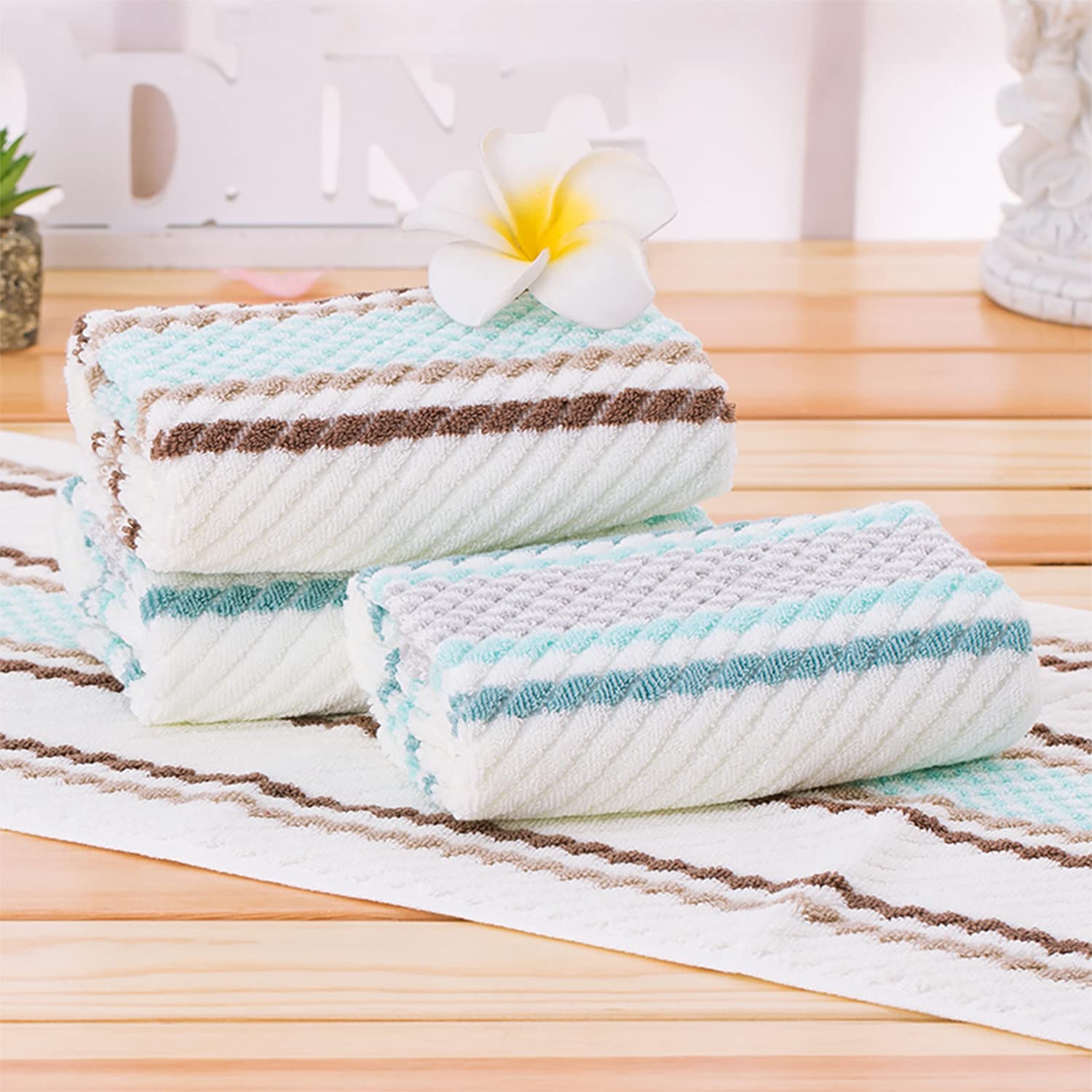 Pidada Hand Towels Set Of 2 Striped Pattern 100% Cotton Soft Absorbent Decorative Towel For Bathroom 16 X 26 Inch (Brown)