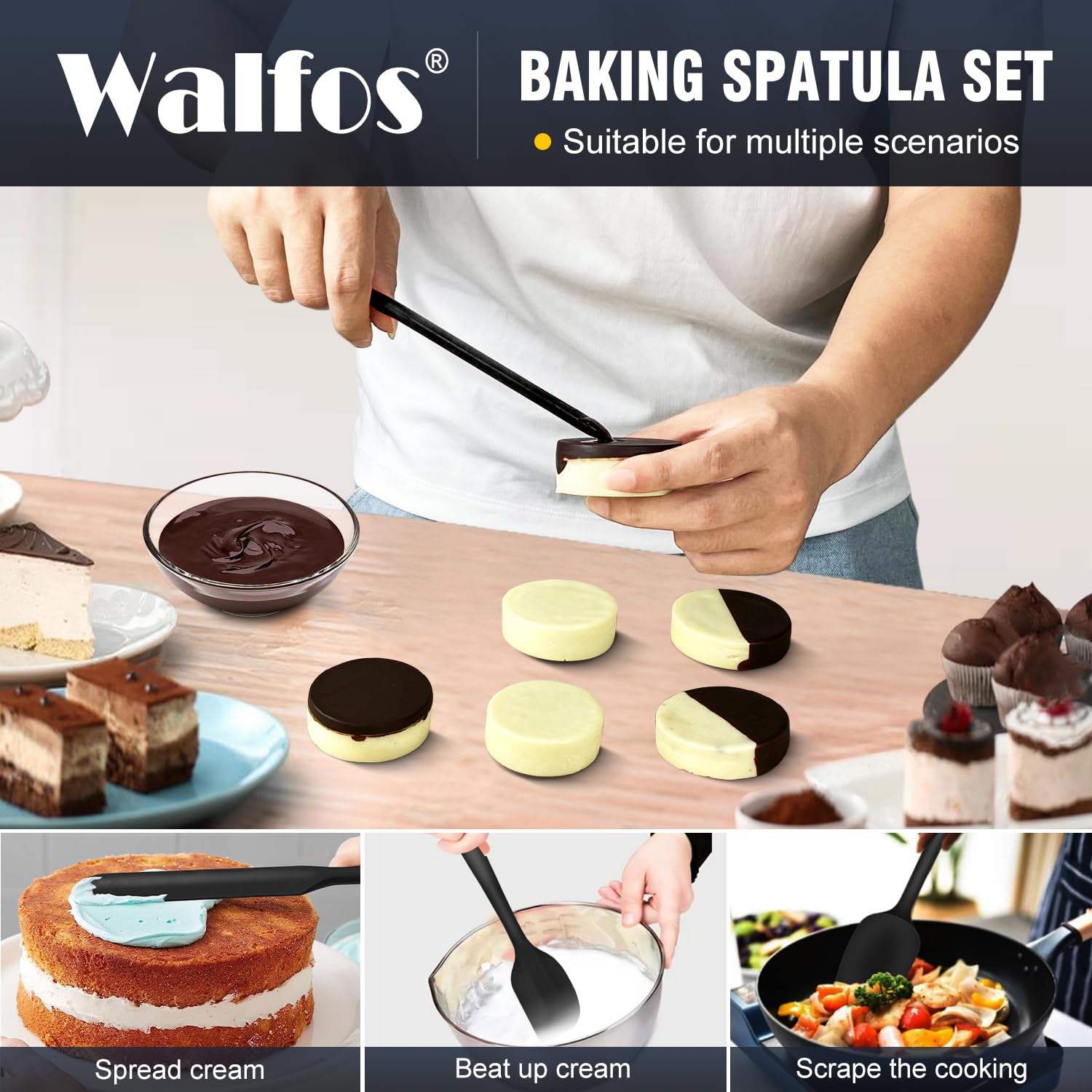 Walfos Silicone Spatula Set Of 5 - (600F) High Heat Resistant Kitchen Scraper Spatulas, One-Pieces Seamless Design, Perfect For