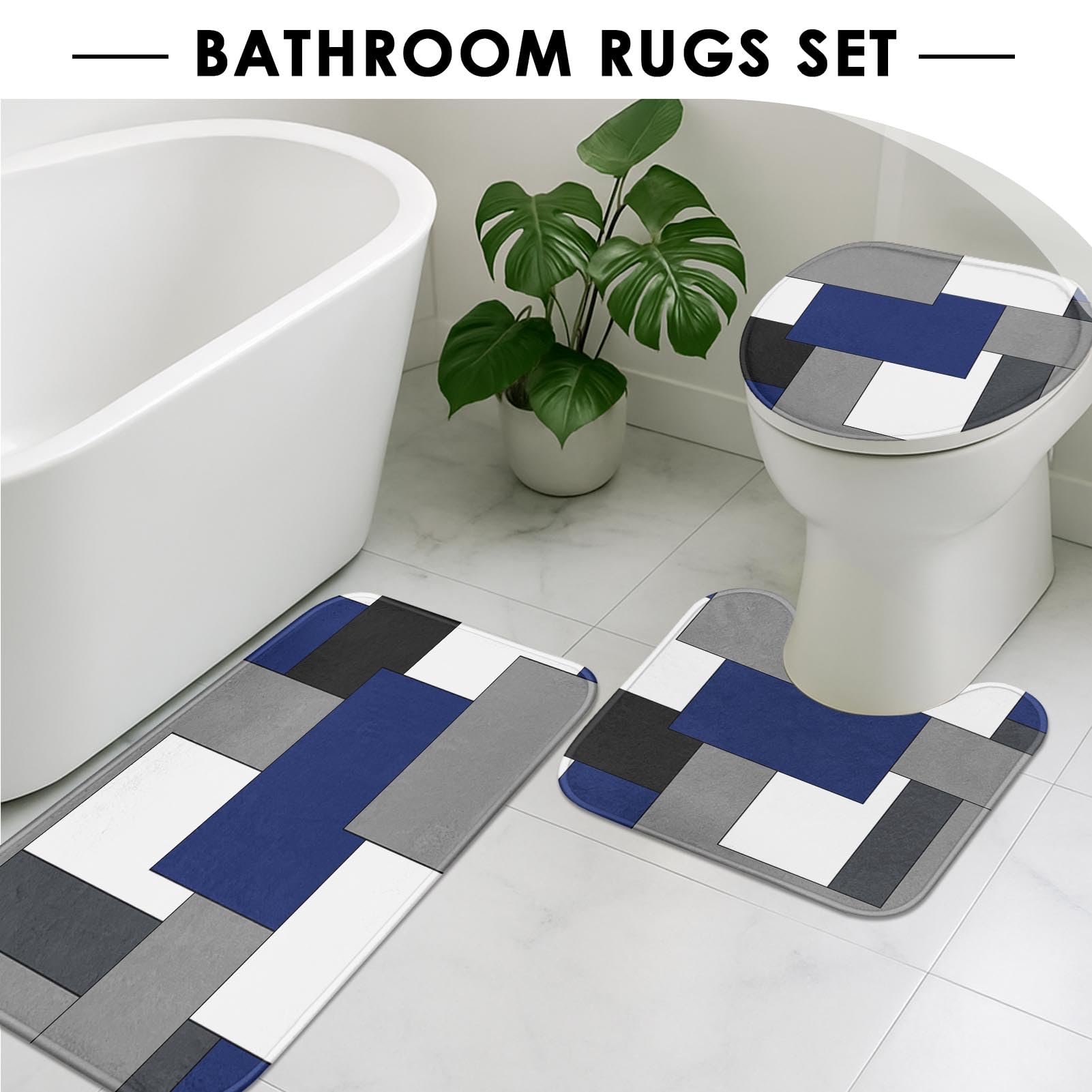 Tayney Navy Blue Geometric Shower Curtain Set with Toilet Lid Cover and Non-Slip Rugs  Black White Grey Checkered 4 Pcs Modern Shower Curtain for Bathroom Set with 12 Hooks
