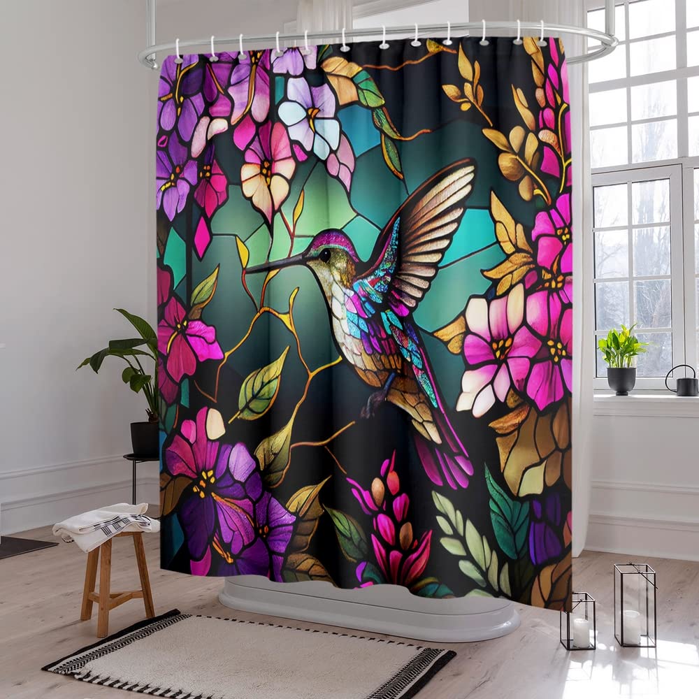 Reateforin Spring Shower Curtain Flower,Hummingbird Shower Curtain For Bathroom With Hooks,Watercolor Polyester Fabric Shower Cu