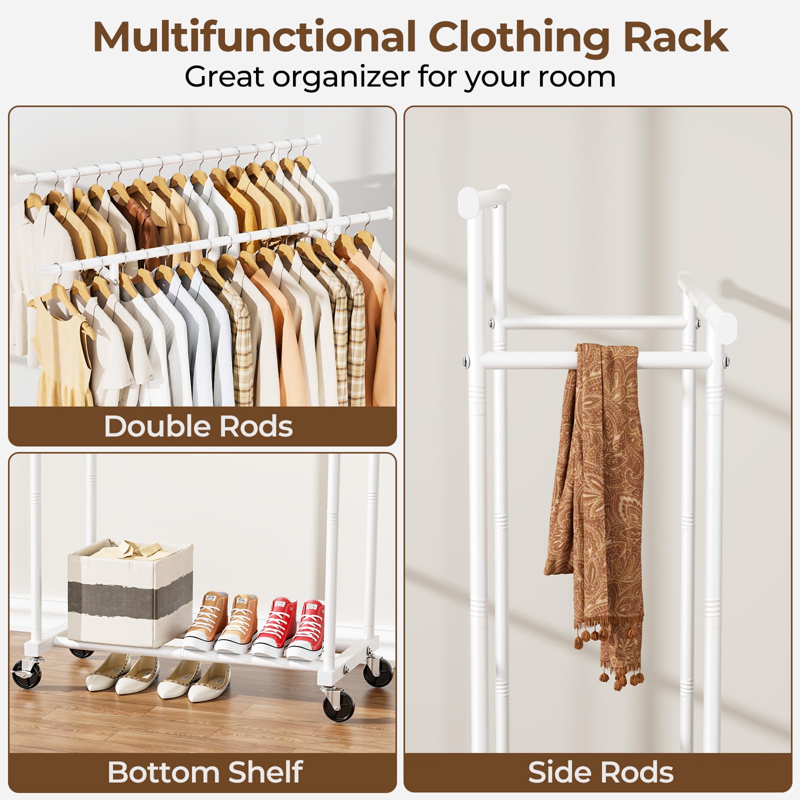 Hyseyy Double Rods Clothes Rack, Sturdy Rolling Clothing Rack, Portable Clothing Racks For Hanging Clothes - Metal Garment Rack