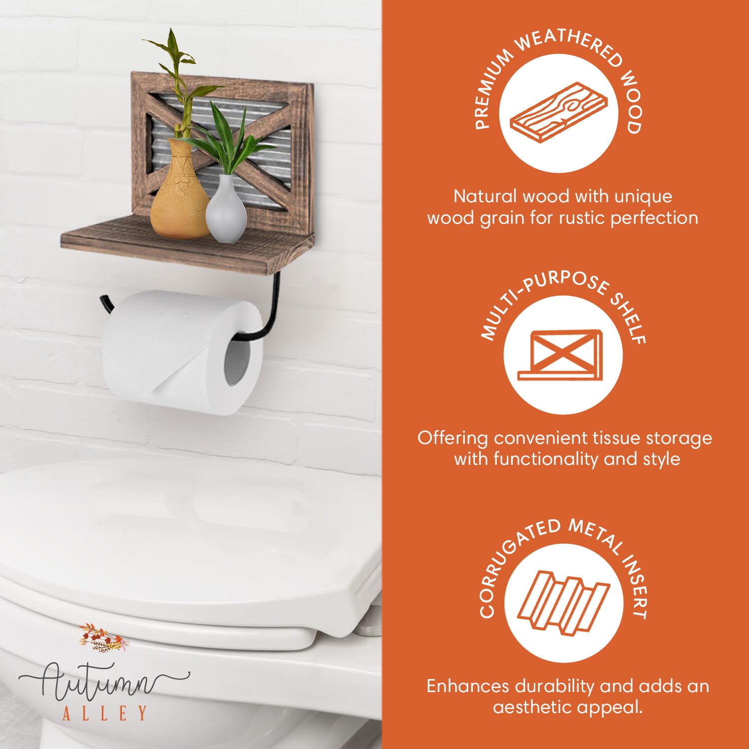 Autumn Alley Farmhouse Toilet Paper Holder With Shelf - Rustic Unique Accessories And Western Bathroom Decor Wall Mounted, Brown