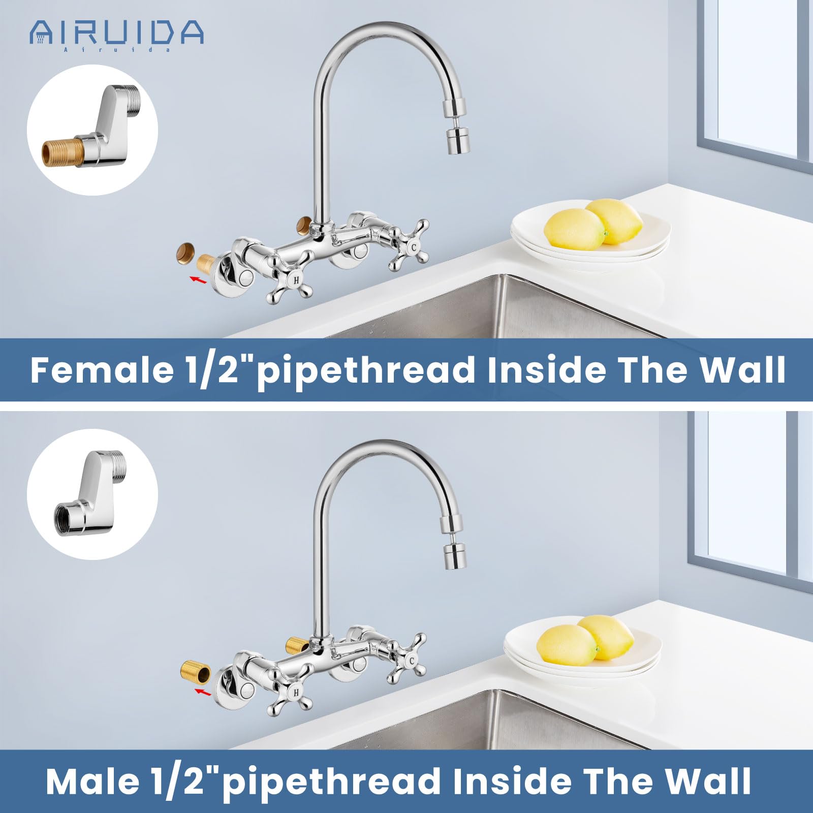 Airuida Chrome Polish Wall Mount Kitchen Sink Faucet 6 Inch Center Wall Mounted Kitchen Faucet Double Handles 360 Degree Swivel Spout Restaurant Utility Laundry Commercial Mixer Tap