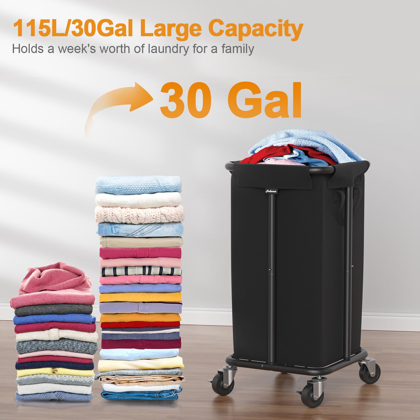 Hodonas Laundry Basket With Wheels, Rolling Laundry Hamper, 30 Gal.(115L), Removable And Machine Washable Liner, Steel Frame, Ta