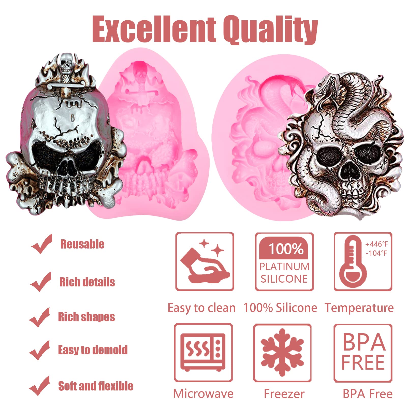 Halloween Snake Skull Fondant Moulds 2 Pcs, Chocolate Silicone Mold For Diy Cupcake Topper, Cake Decoration