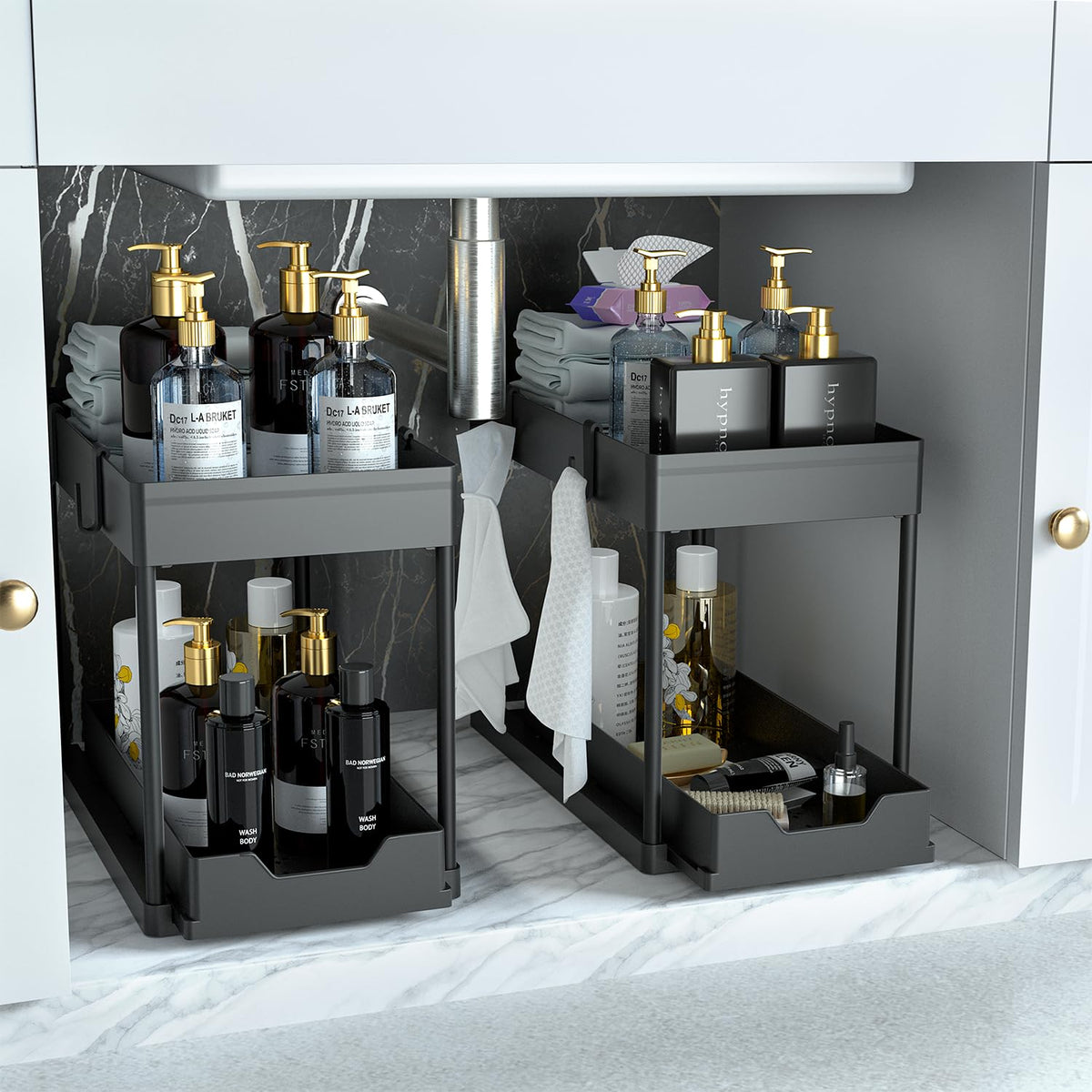 Dekava Under Sink Organizer 2 Pack, Bathroom Cabinet Organizer, 2 Tier Sliding Cabinet Basket Organizer Drawer, Multi-Purpose Ba