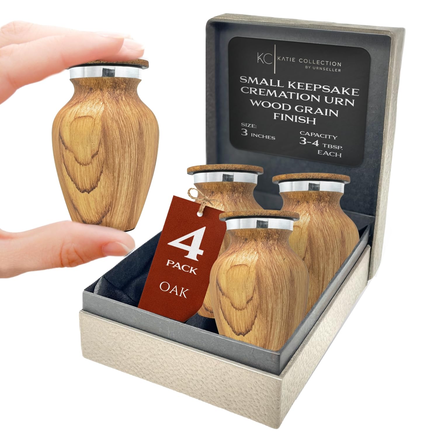 4 Pack Small Keepsake Urn for Human Ashes | Metal Wooden Oak Style | Mini Little Memorial Ash Container | Perfect Compact Tribut