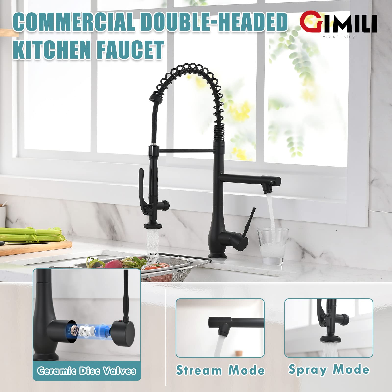 GIMILI Black Kitchen Faucet with Pull Down Sprayer  Single Handle High Pressure Kitchen Sink Faucet  Commercial Double-Headed Stainless Steel Kitchen Faucets  Matte Black
