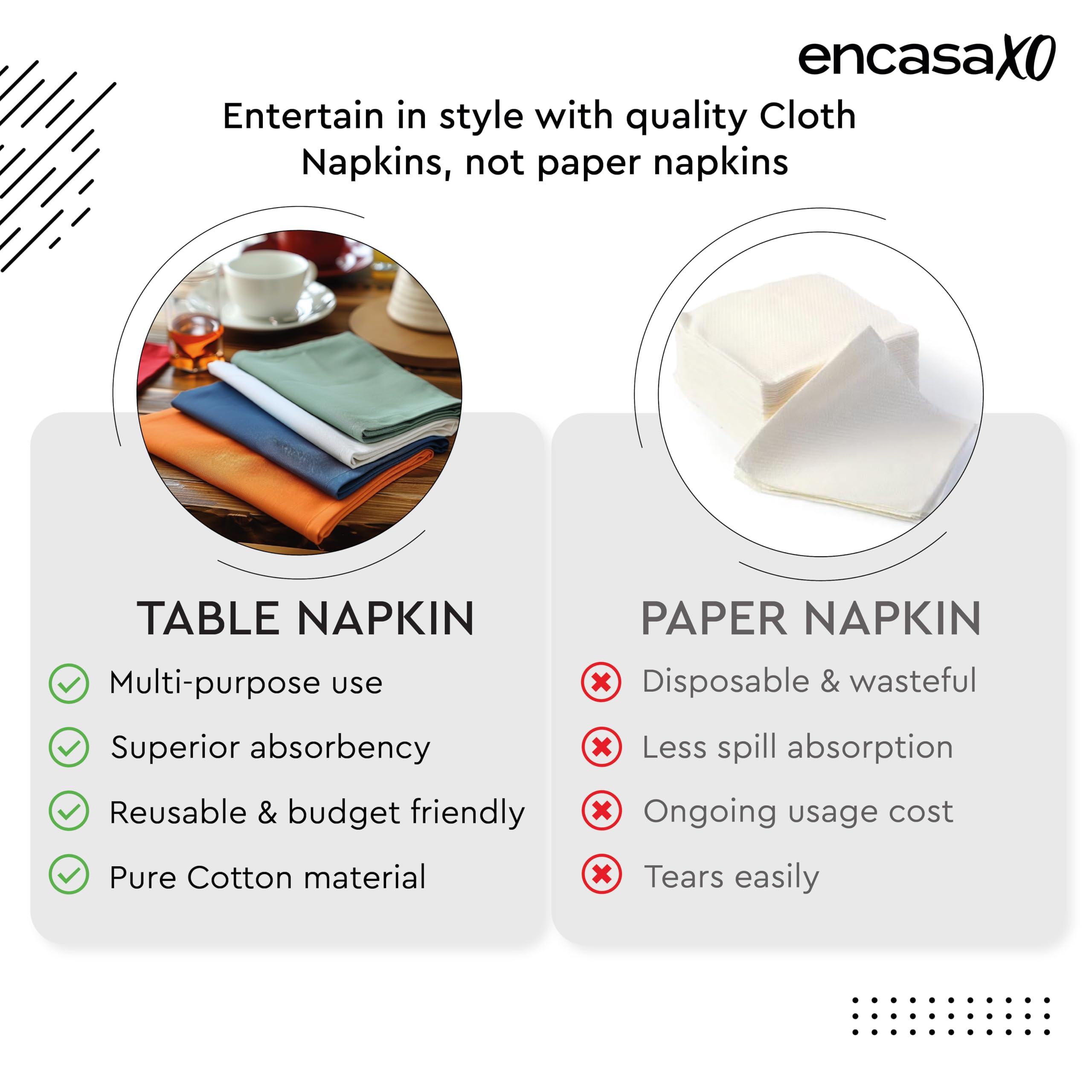 Encasa Xo Cotton Cloth Napkins | Set Of 12 | Size 17''X17'' | Mint Green Solid Color | Machine Washable